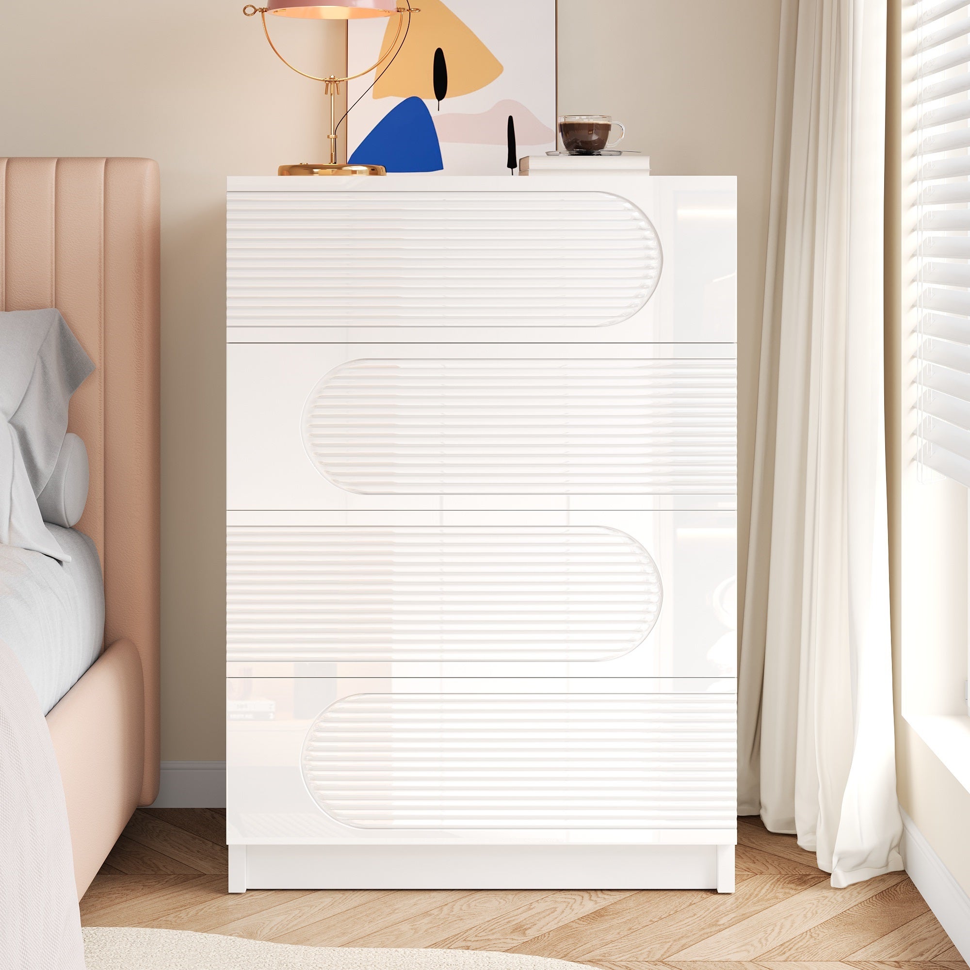 Nowoczesna komoda 60 x 38,5 x 85 cm - regał z 4 szufladami - wykończenie na wysoki połysk - płyta MDF + płyta wiórowa - biały - 7