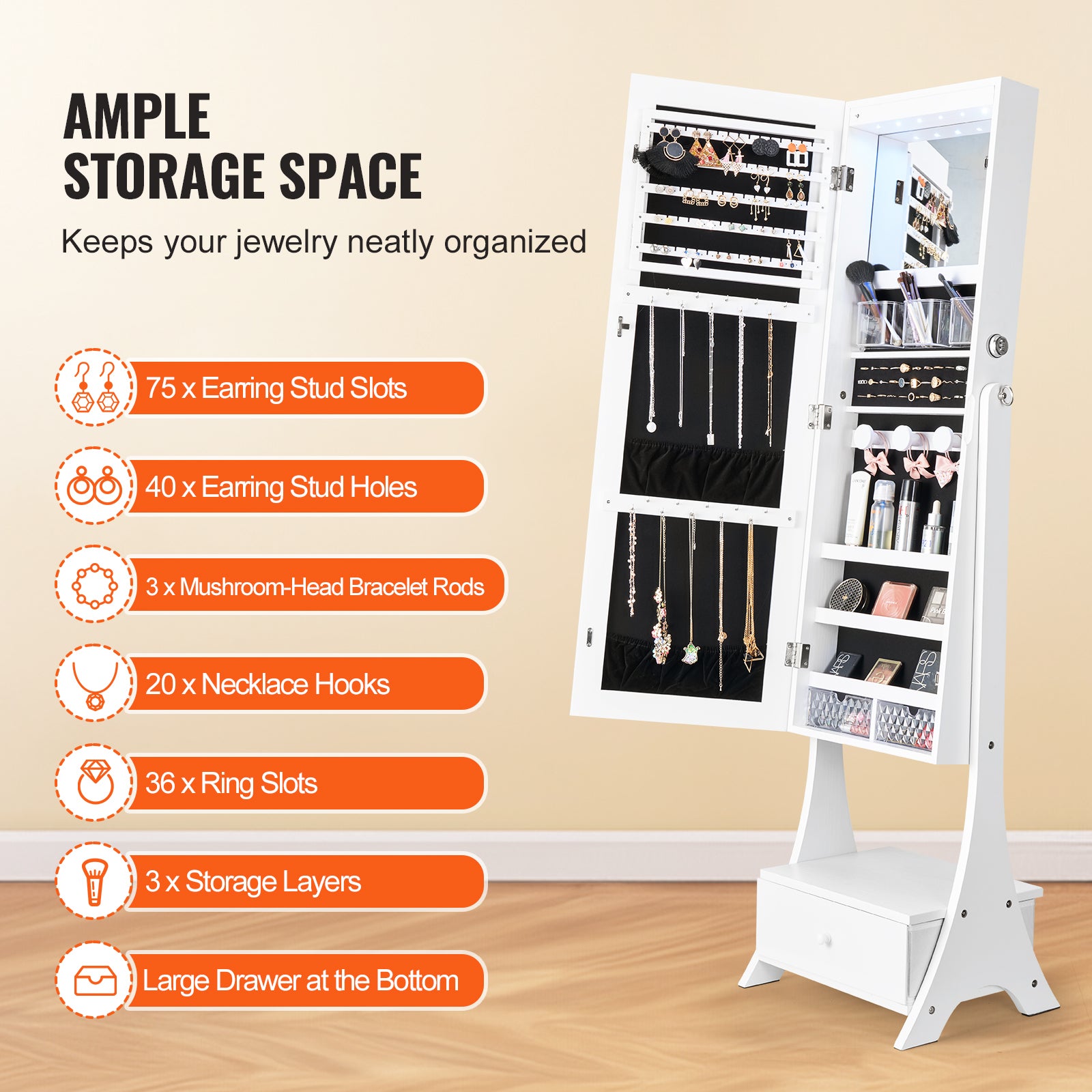 Armoire à Bijoux VEVOR avec Miroir Pleine Longueur, Organisateur sur Pied, Verrouillable, Intérieur LED, Velours, Tiroirs, Blanc - 5