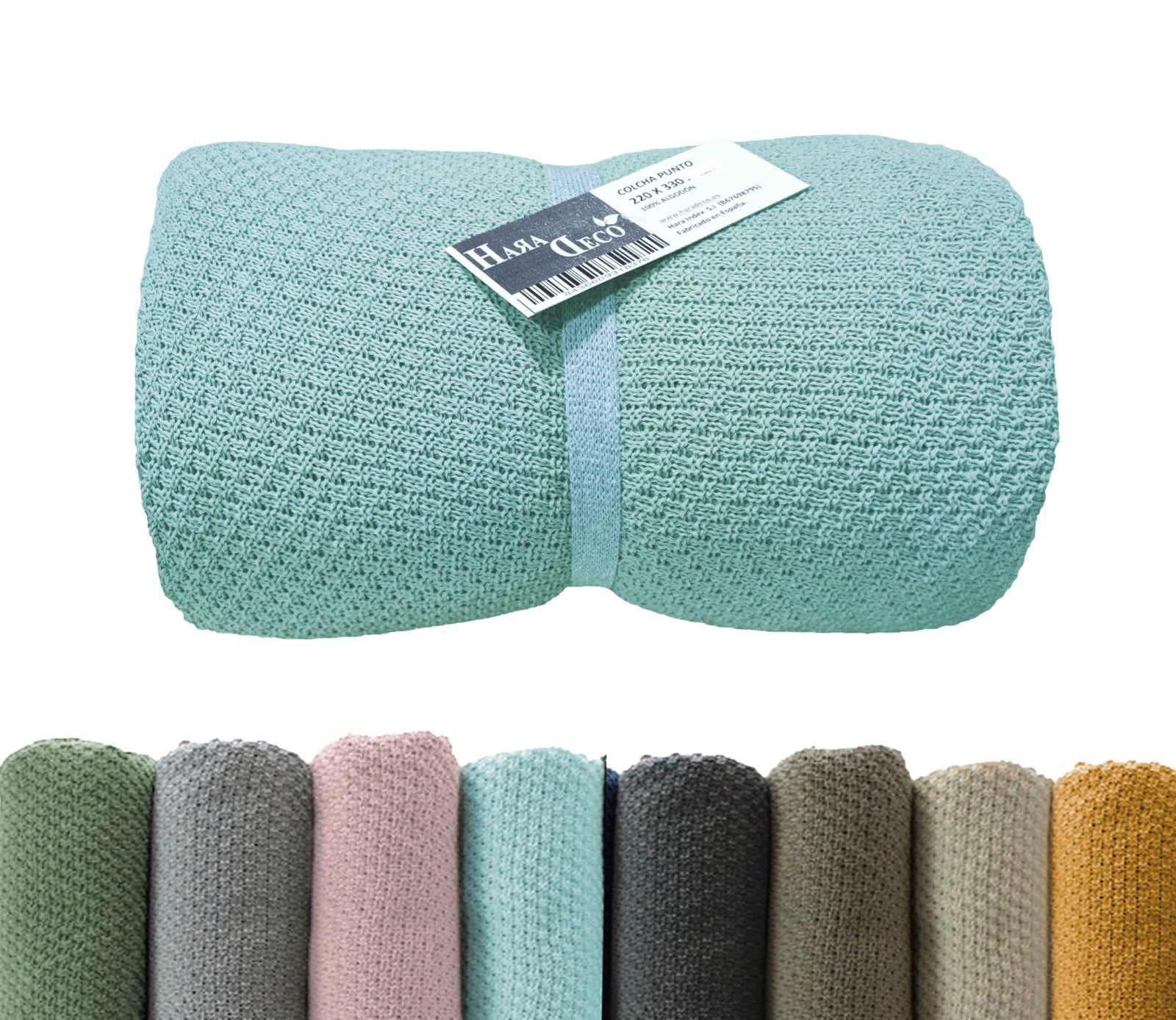 Haradeco manta 100% algodón suave, plaid aguamarina 220x330cm, colcha multiuso antialérgico anti-pilling, pie de cama fabricado en españa