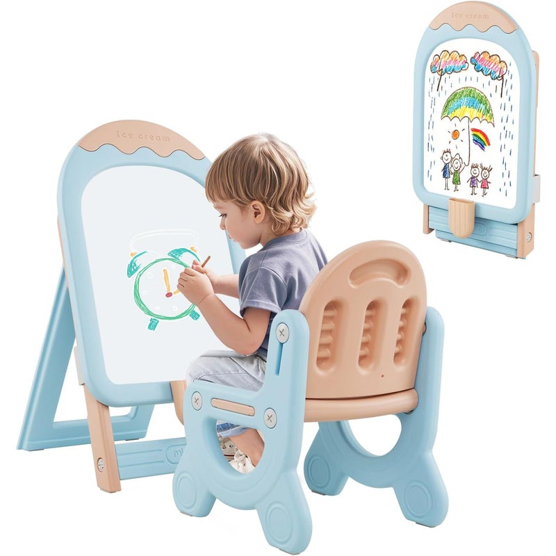 Składana Tablica ze Stołkiem, Regulowaną Wysokością, do Pisania Markerami, Markery, Suche Ściereczki, dla Dzieci Powyżej 1 Roku Życia (Niebieska)