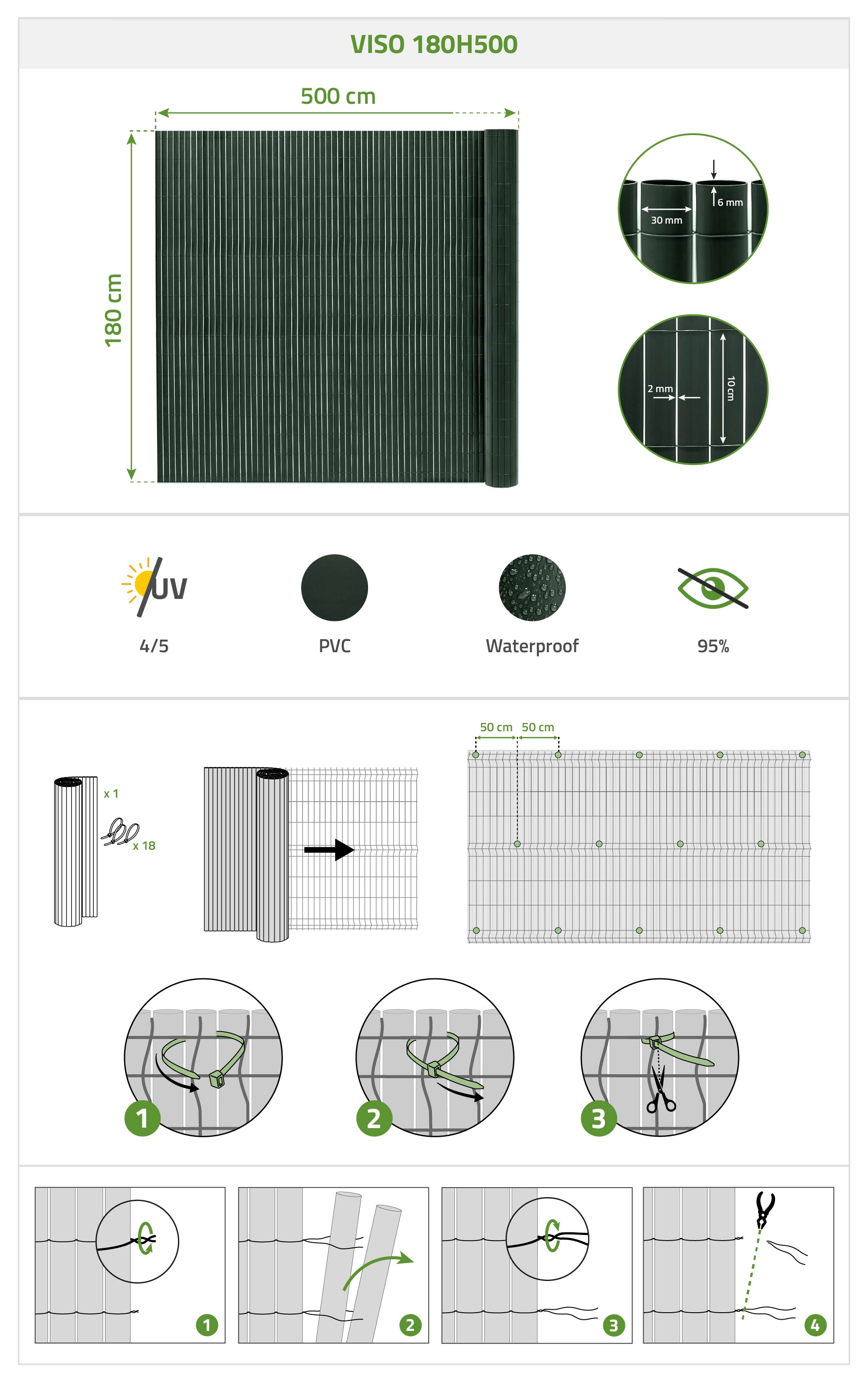 Siatka trzcinowa PCV VISO, 5m x 1,8m, zielona