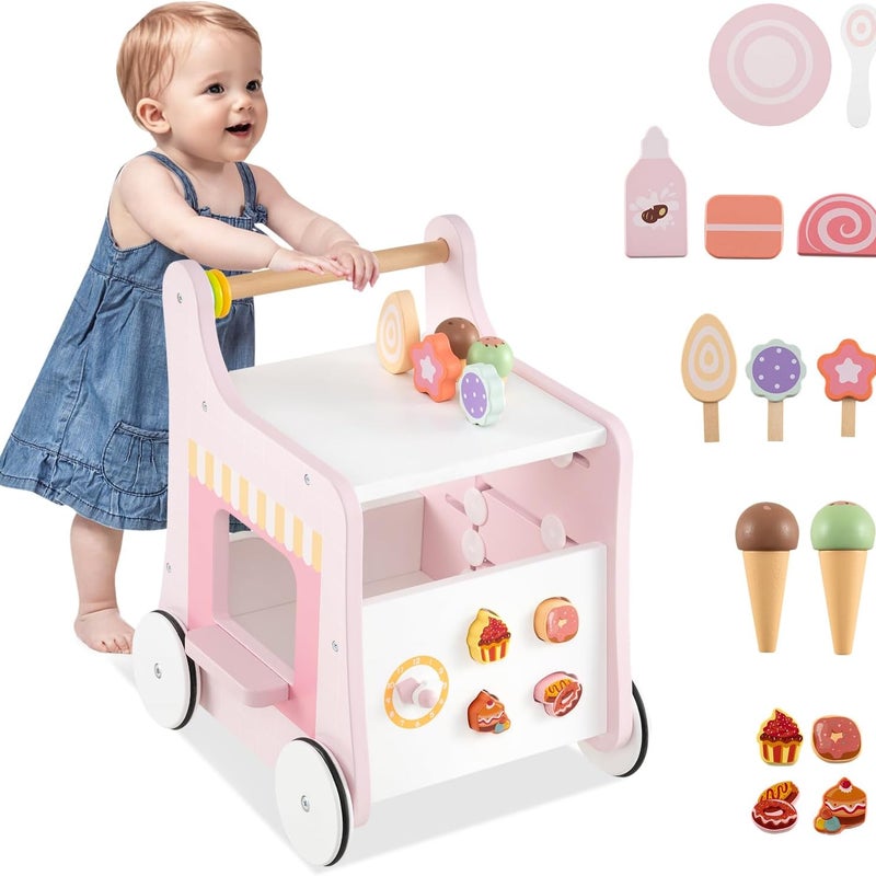 8 w 1 Drewniany Chodzik dla Niemowląt, Interaktywnymi Akcesoriami, Zabawka do Chodzenia Montessori dla Dzieci Powyżej 1 Roku Życia (Różowy)