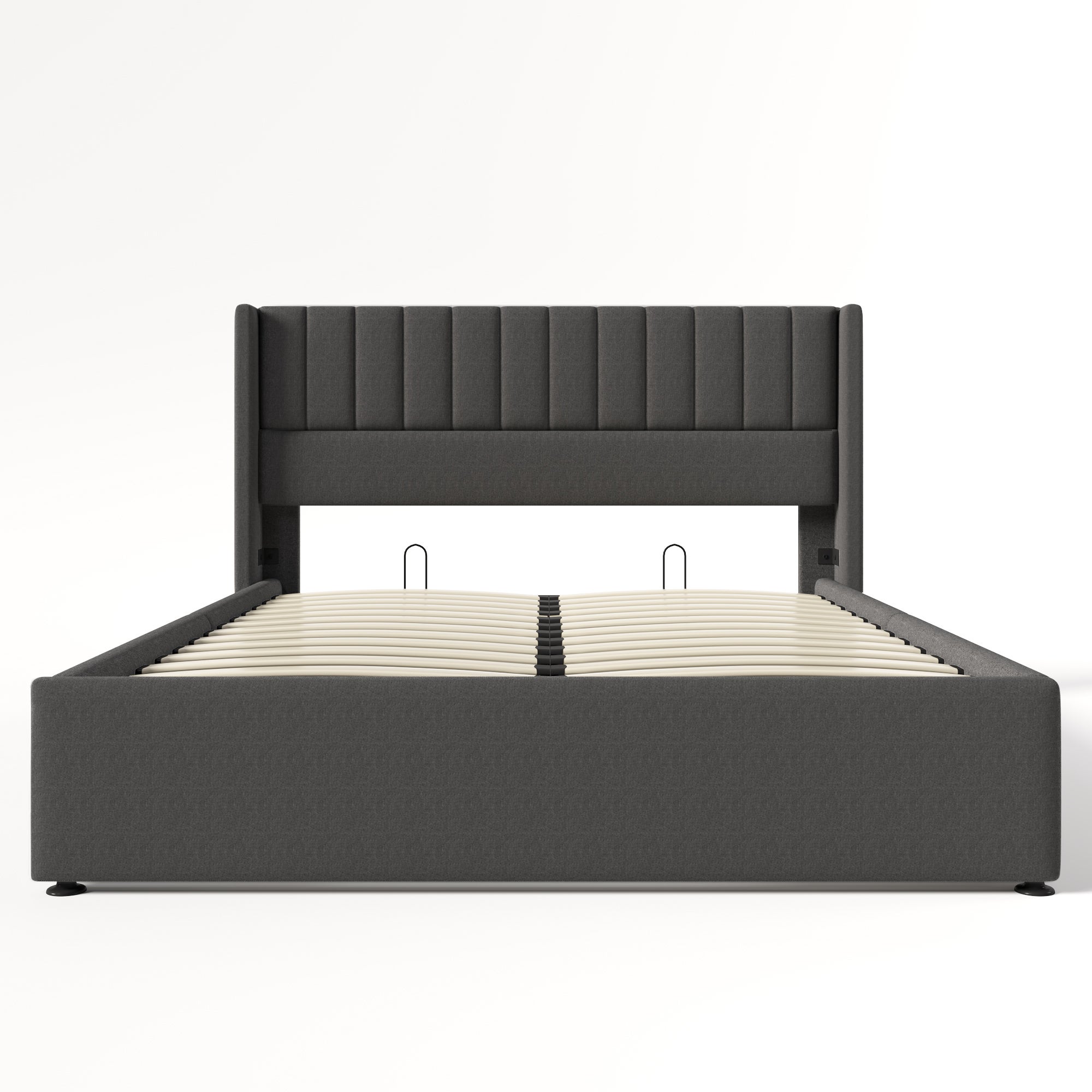 Cama contenedor tapizada 160x200 cm en lino con somier de láminas - Gris - 3
