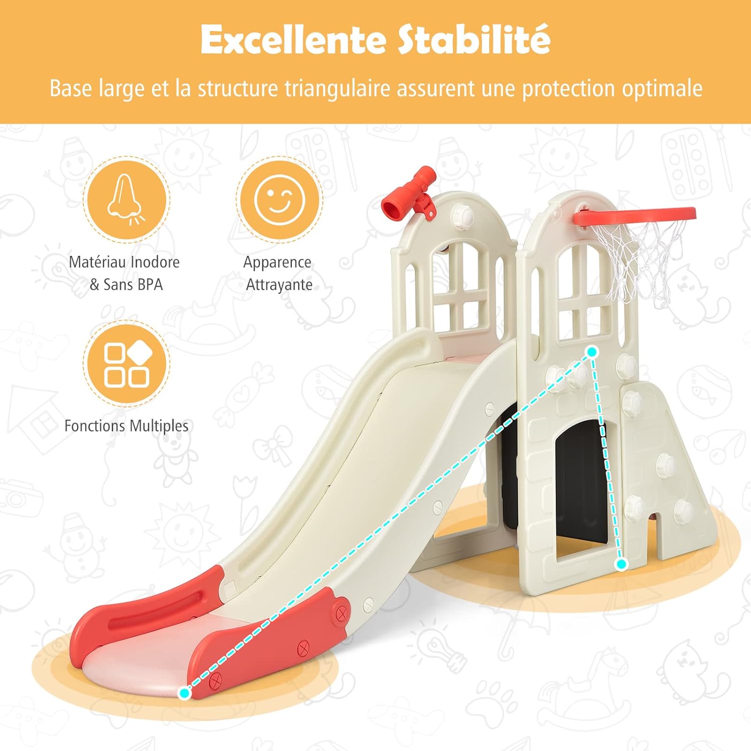 Toboggan 6 en 1 pour Enfant - Glisse de 140 CM - avec Panier,Aire de Jeux Extérieure 3-8 Ans, Rose - 2