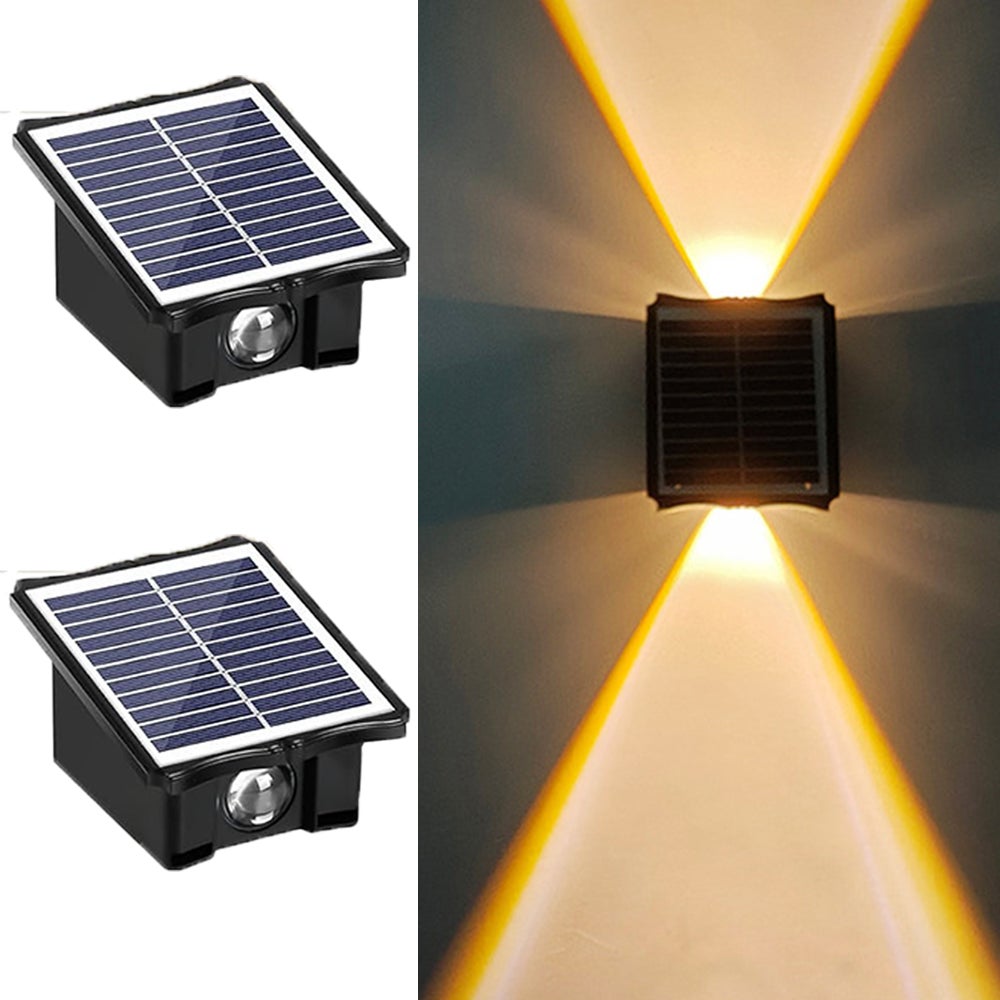 2 sztuki LED zewnętrznej lampy solarnej, oświetlenie górne i dolne, wodoszczelna zewnętrzna lampa ścienna solarna IP65, ciepłe światło do ogrodzenia