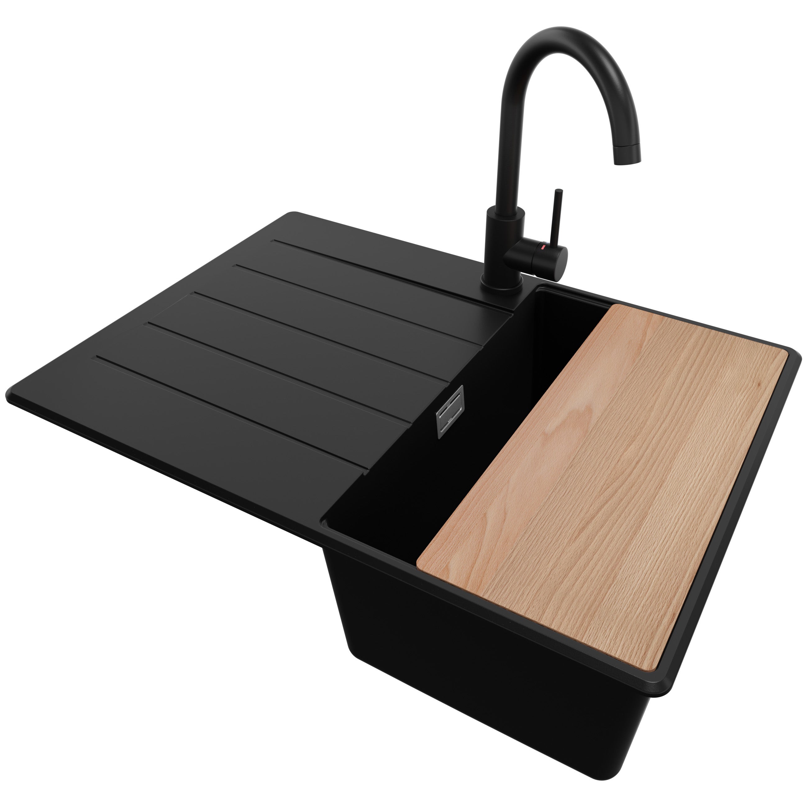 Zlewozmywak Granitowy Czarny 70x50cm, Zlew Kuchenny 1 Komorowy + Bateria 32x20cm + Syfon + Deska, Nablatowy do szafki od 40cm - Kopenhaga PRIMAGRAN
