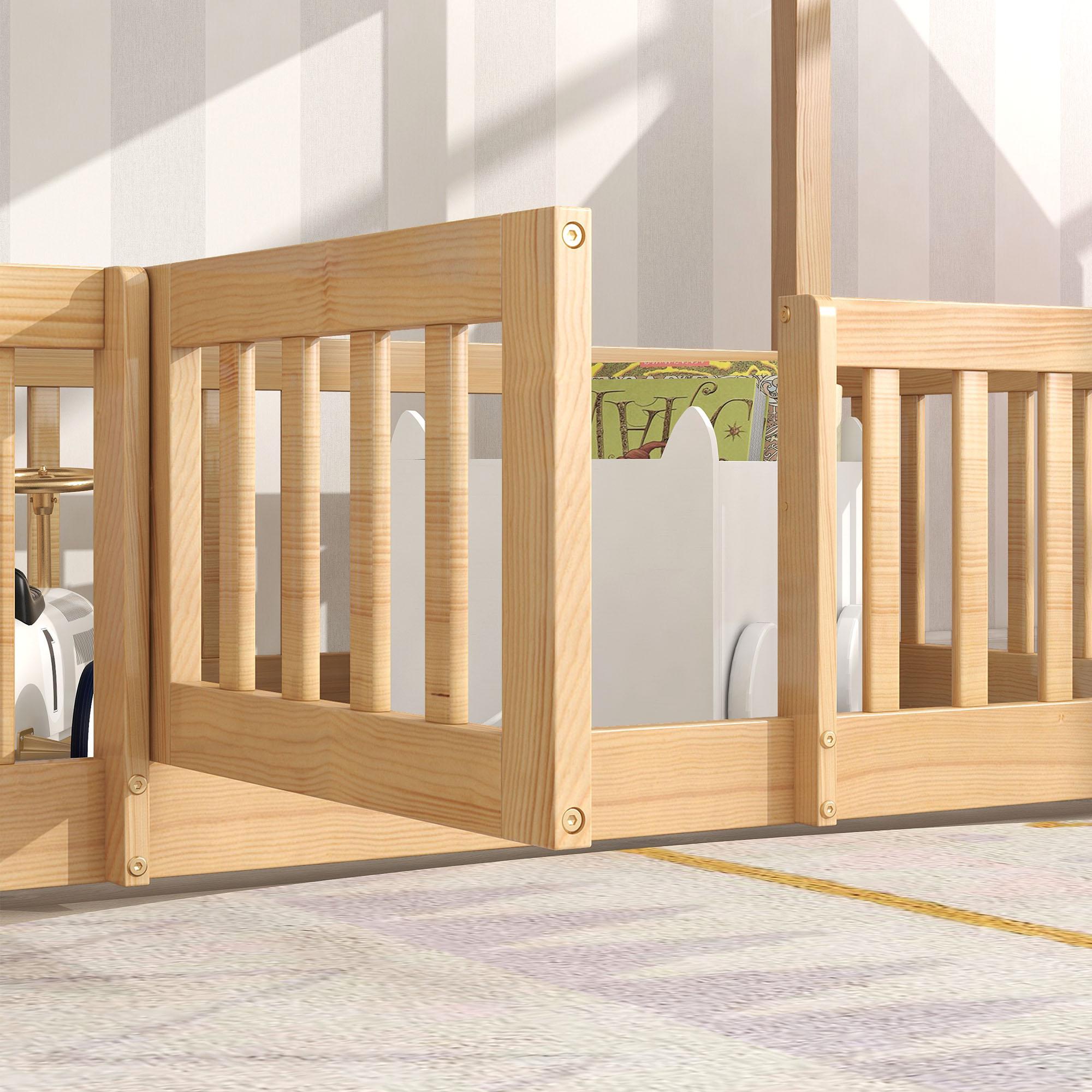 Lit superposé avec escalier droit, lit avec barrières et petite porte, lit bébé avec protection anti-chute et barreaux, bois massif, (200 x 90 cm) - 7