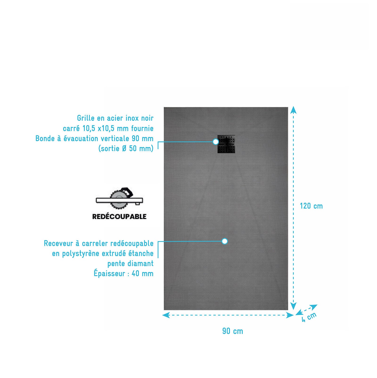 Receveur de Douche à Carreler 120x90cm avec Bonde à Sortie Verticale - Grille Noire - 4