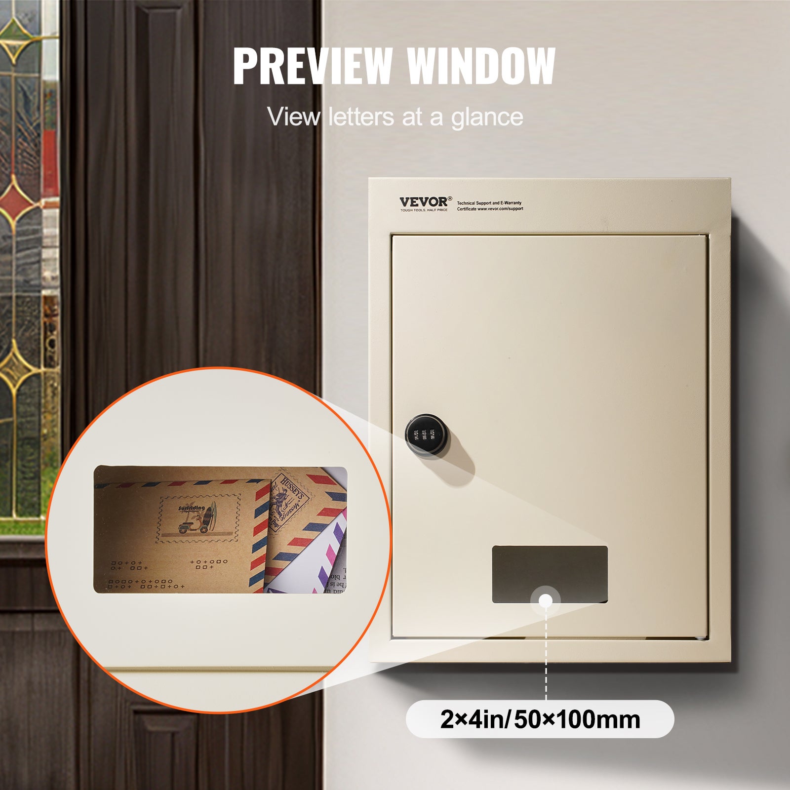 Boîte aux Lettres Encastrable Murale,VEVOR 320x158x430mm,Boîte Dépôt Courrier Travers Mur,70 à 200 mm,en Acier Robuste,Verrou à Code Combinaison,Beige - 6
