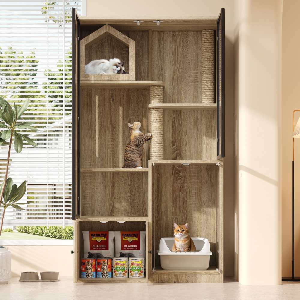 Casa grande para gatos com quatro níveis e poste para arranhar, casa de vidro para gatos, resistente ao frio, cor de madeira natural, 90 x 50 x 160 cm - 3