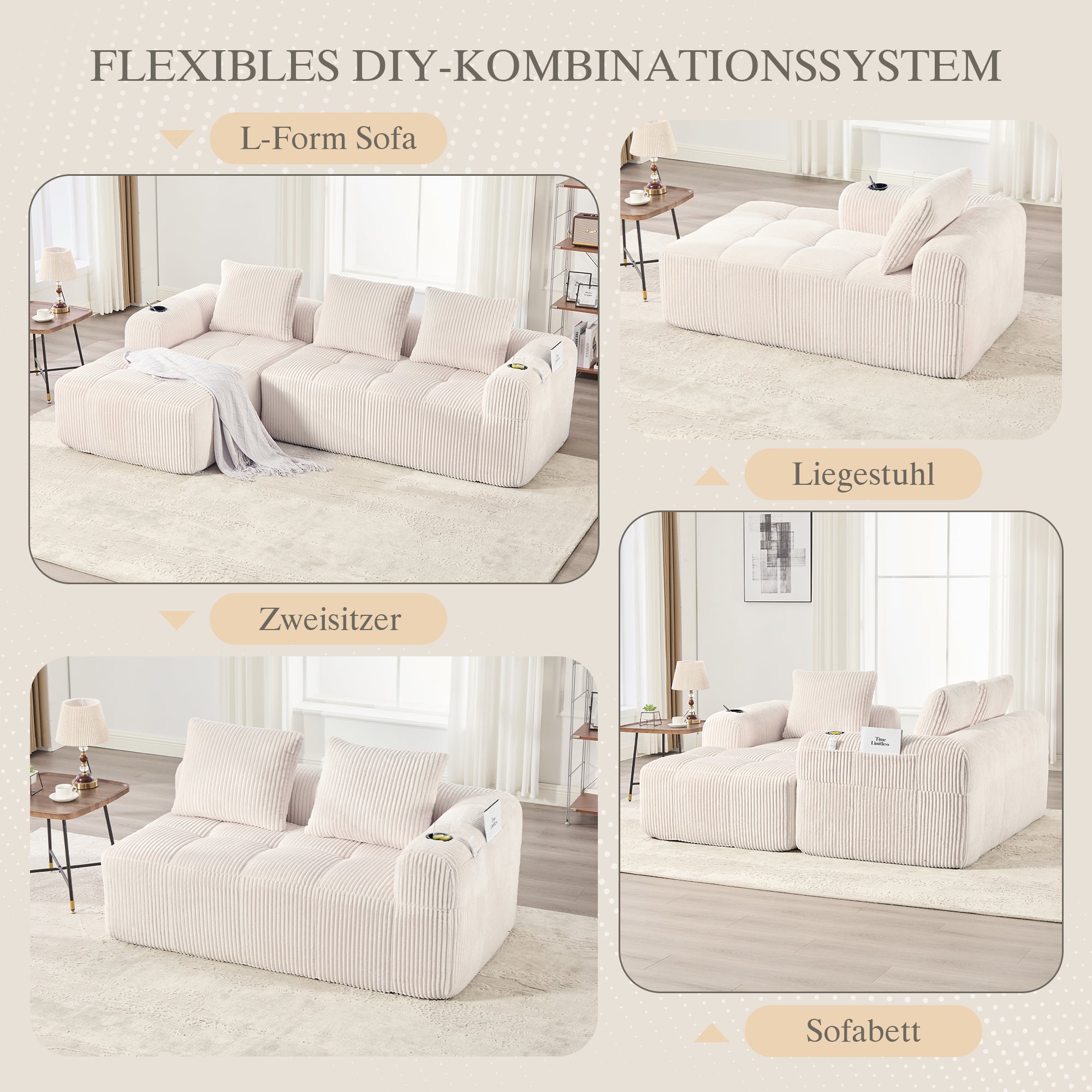Canapé modulable 253x158x61cm en velours côtelé, Coffre de rangement latéral et porte-gobelets, 3 coussins inclus, Confort gain de place, Beige - 9
