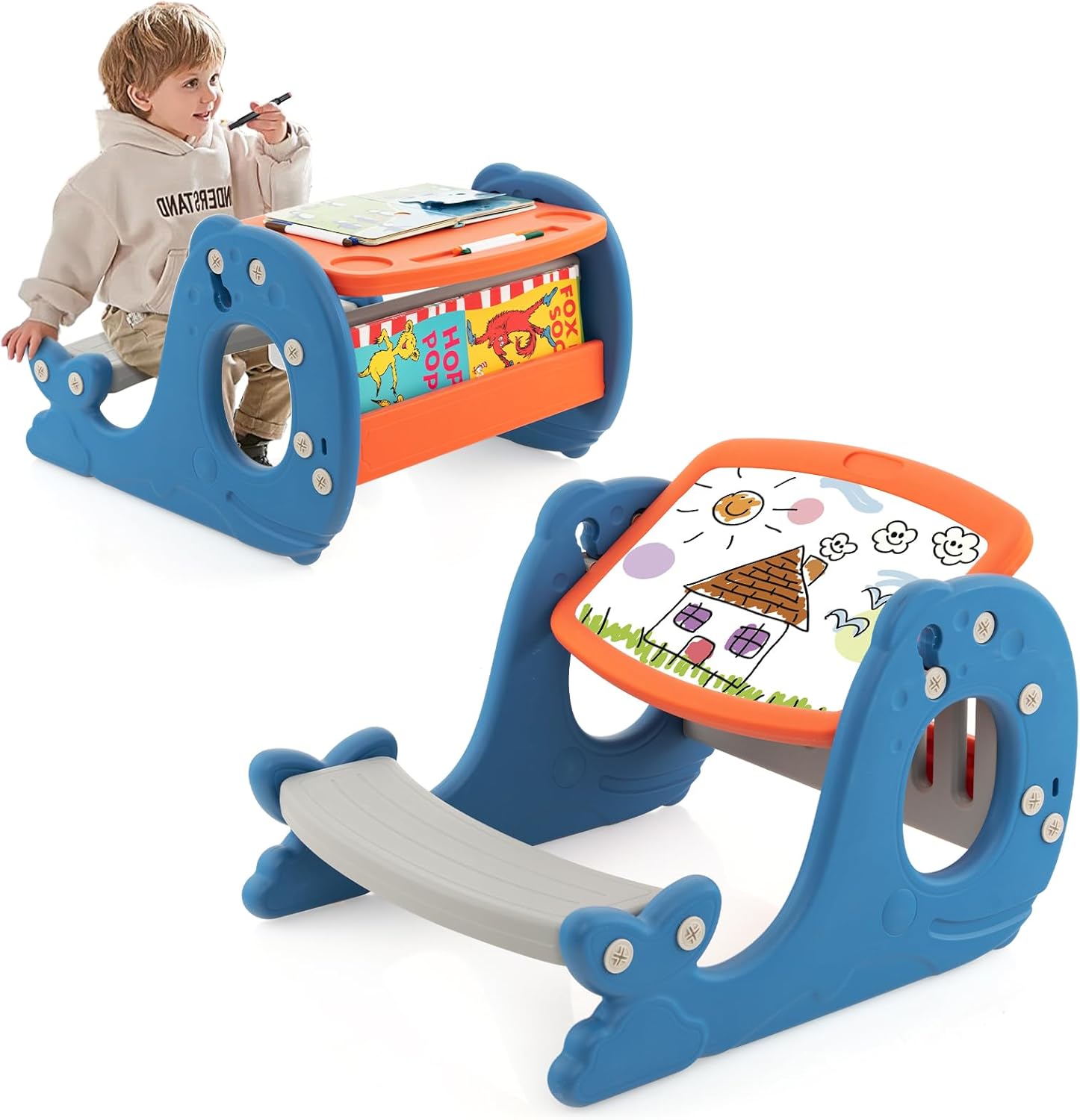 Tabliczka dla Dzieci, Regulowana z Ławką, w Kształcie Wieloryba, Sztaluga dla Dzieci Powyżej 1 Roku Życia, Nośność 25 kg, Niebieska 67 × 54 × 39 cm