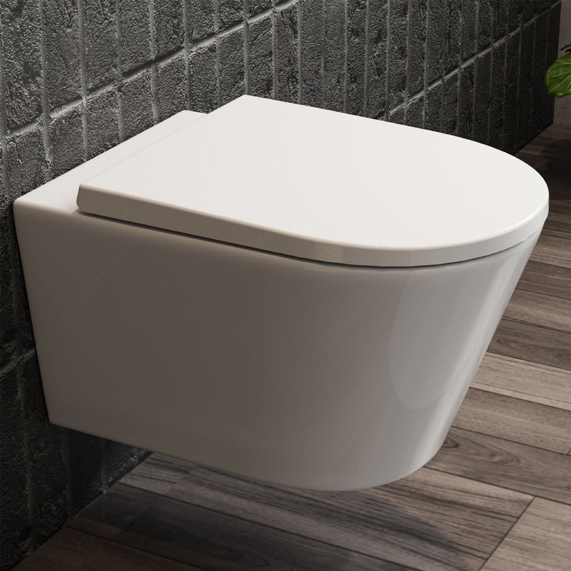 Toaleta wisząca bezramowa, toaleta wisząca (z siedziskiem), toaleta jednootworowa, mocne spłukiwanie, powłoka nano, 53×36,5×33,8 cm