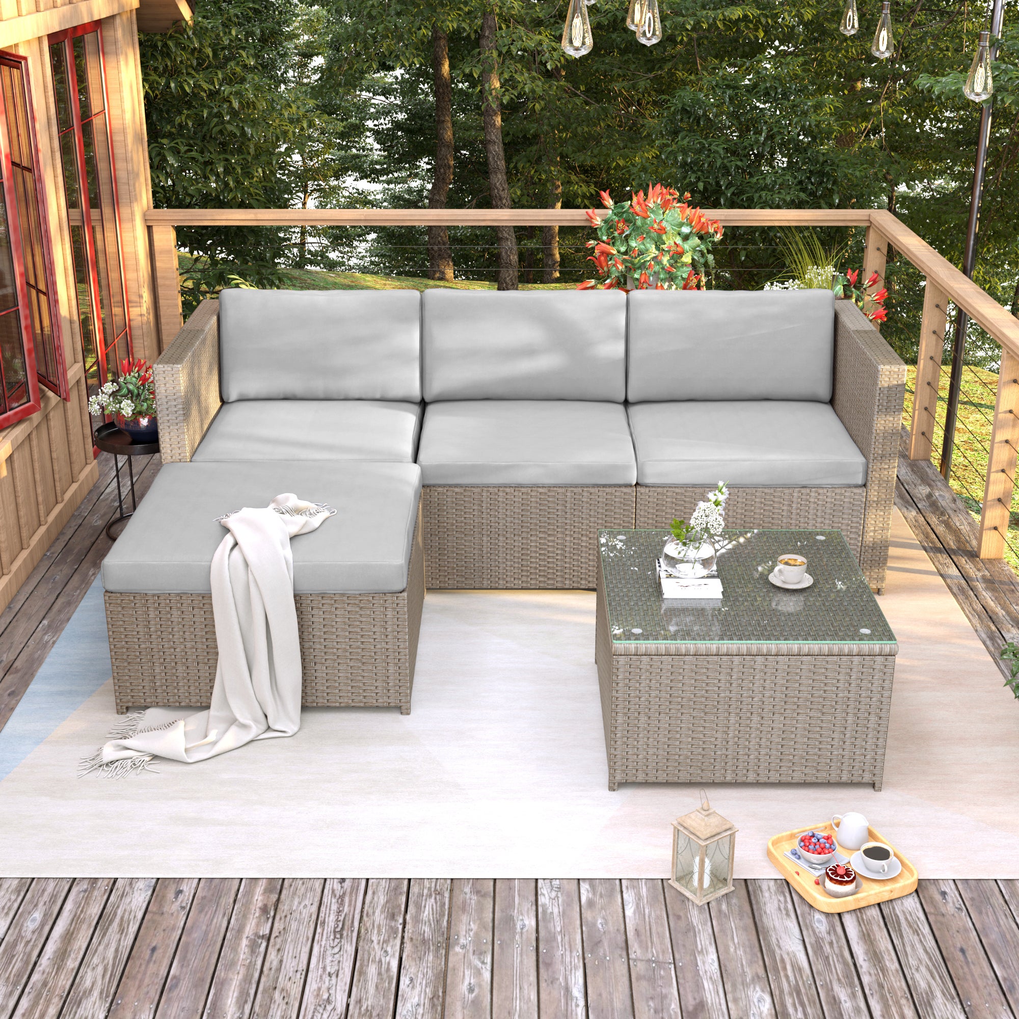 Salon de Jardin Exterieur en Rotin, Table de Jardin Exterieur avec Chaise, Canapé de Salon d'angle 4 Places avec Coussins et Table en Verre, Khaki - 4