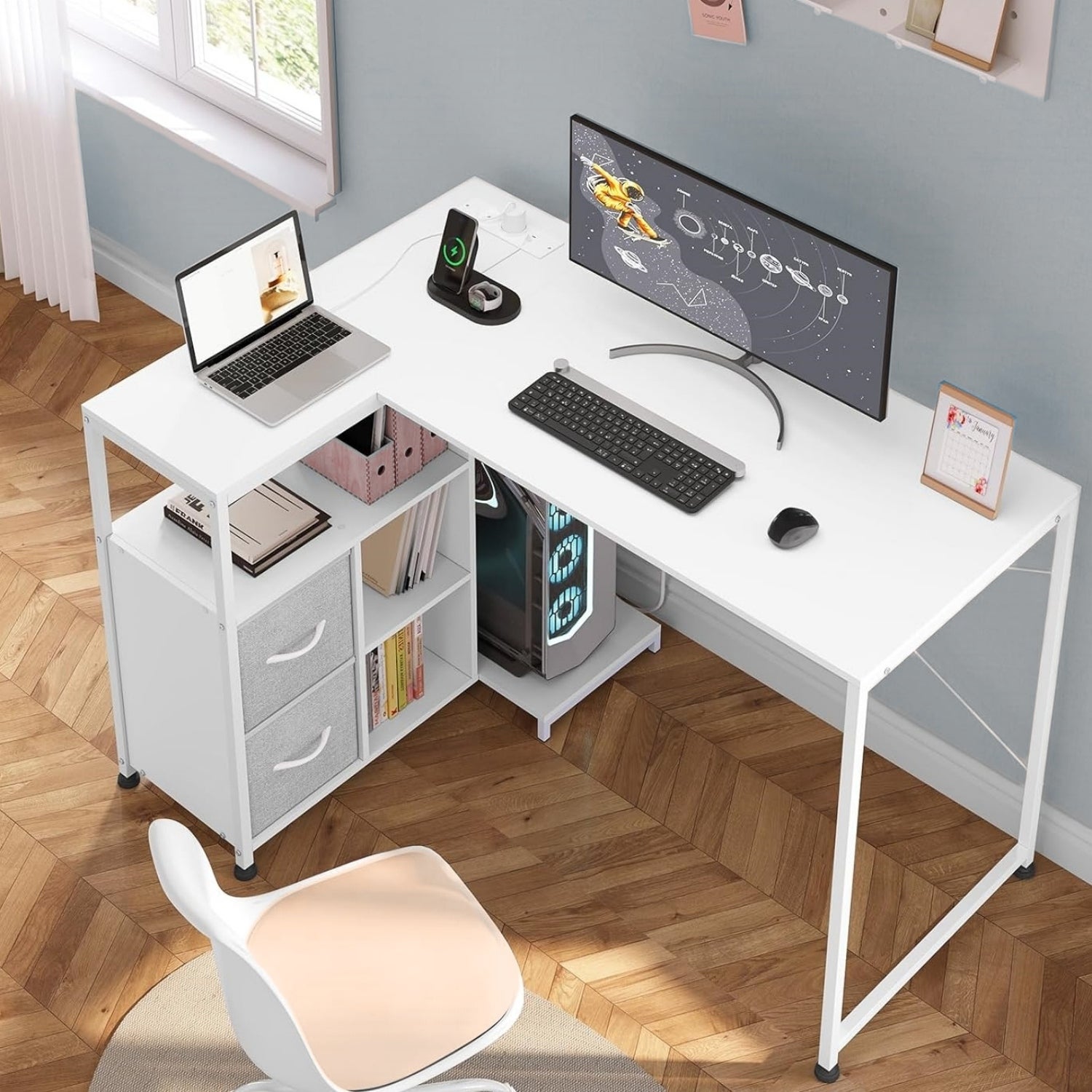 Bureau d'angle WOLTU, 120x80 cm, Table d'Ordinateur avec Étagère Réversible, Prises et Port USB-A Typ-C, Forme de L, Cadre en Métal, Blanc - 3