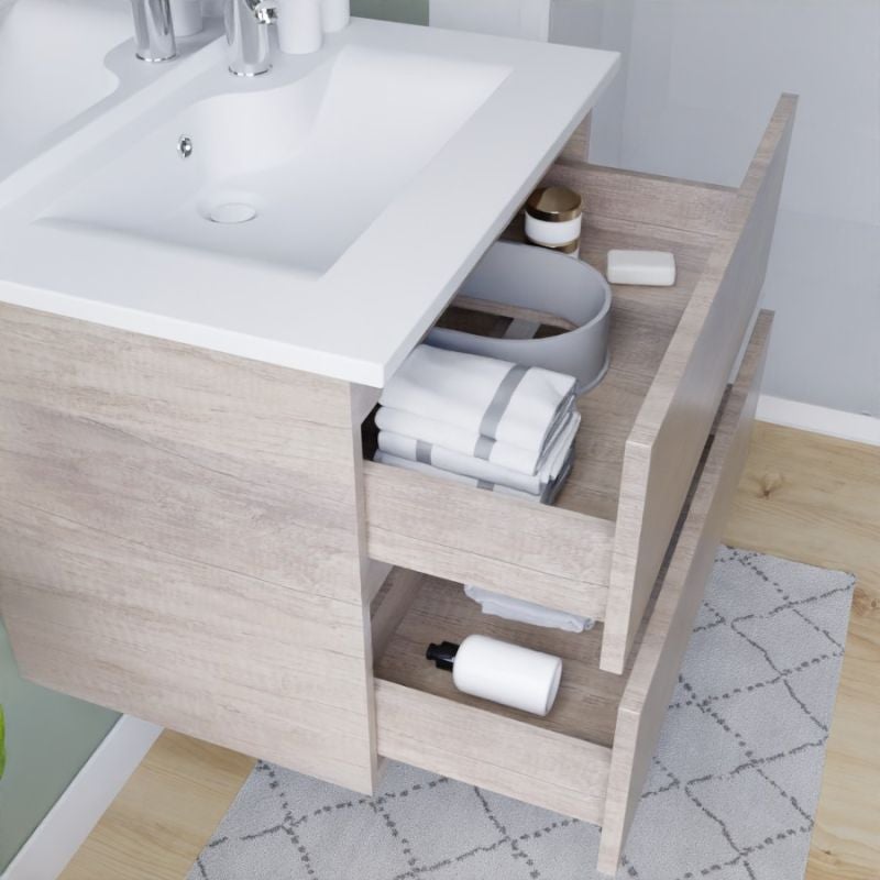 Meuble salle de bain suspendu 60 cm ROSALY INOX- Bois- Plan vasque en Résine - 3