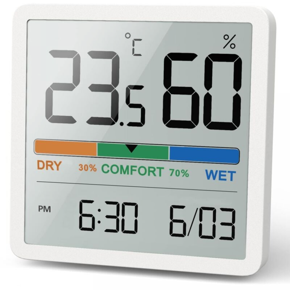 Cyfrowy termometr stołowy z monitorem temperatury i wilgotności, dokładny termometr higrometr wewnętrzny z zegarem (biały)