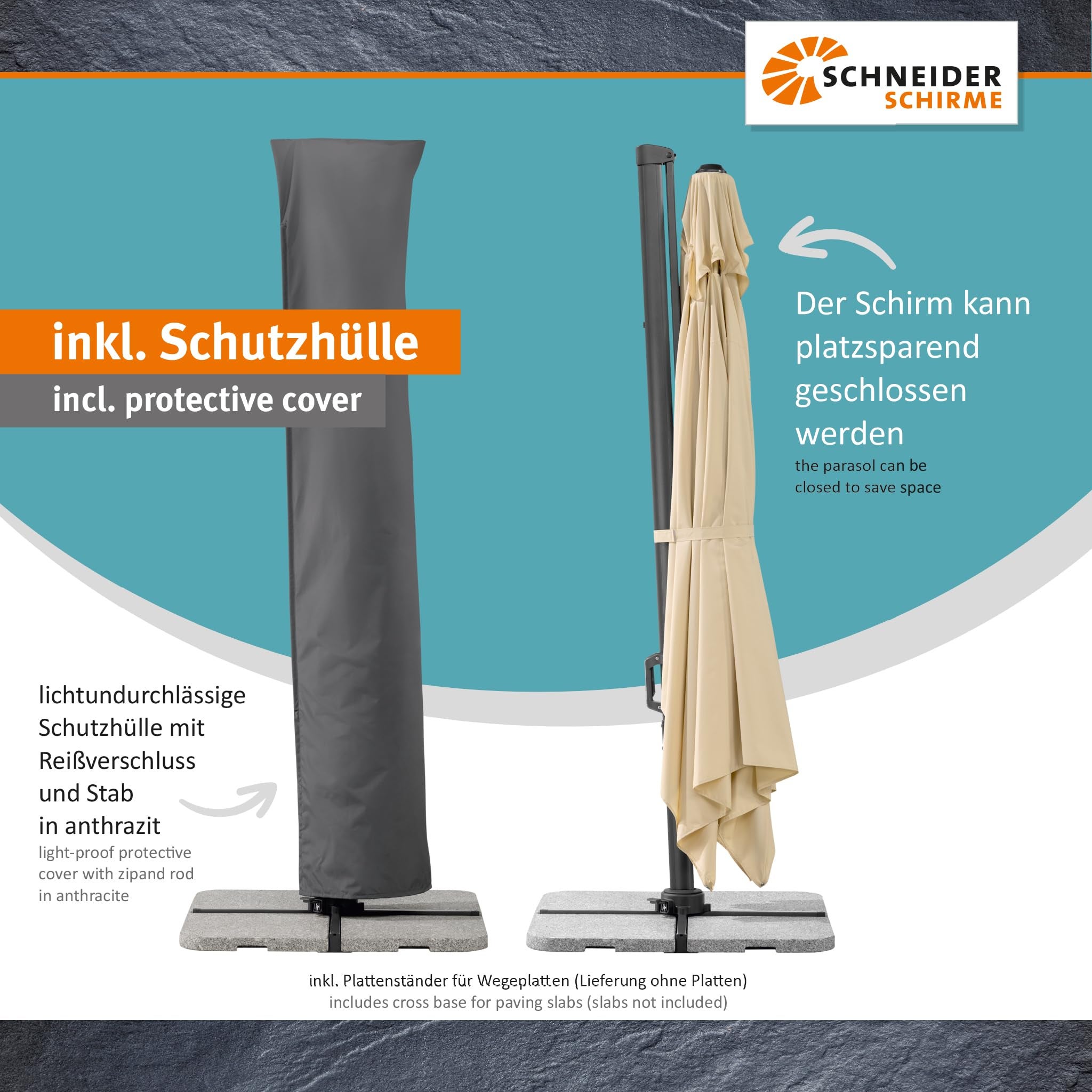 Parasol déporté Schneider Tavo naturel, 400 x 300 cm – rotatif 360°, inclinable, avec housse et support pour dalles - 3