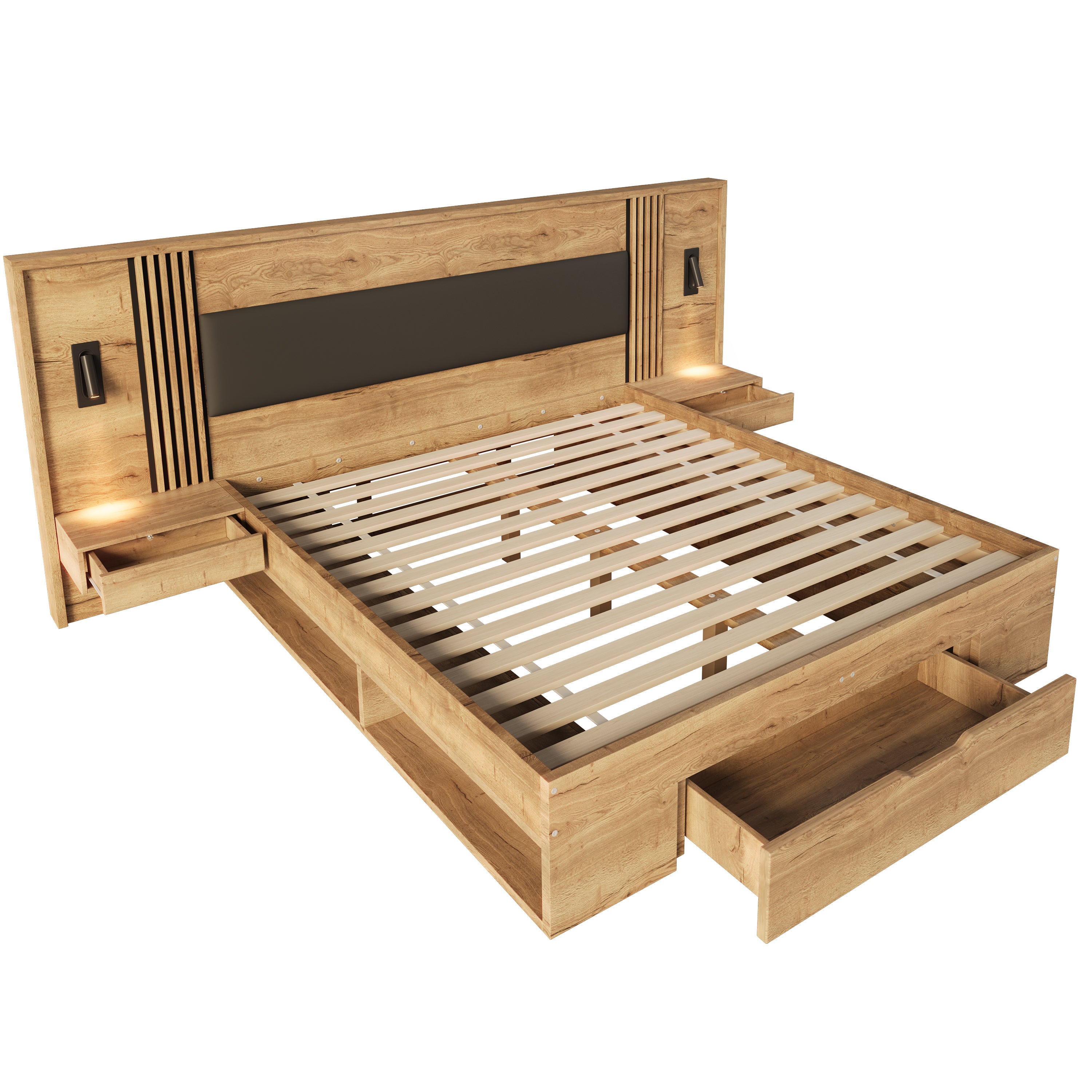 Lit 160x200 cm avec 2 avec table de nuit et 2 lampes de lecture, lit double en bois avec tiroirs, cadre de lit avec sommier, naturel (sans matelas) - 7