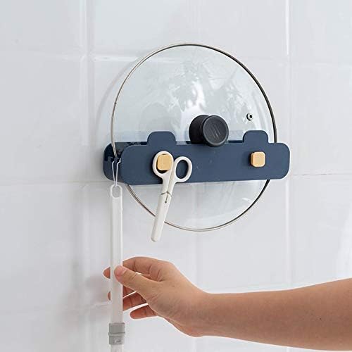 niebieski organizer kuchenny, plastikowy uchwyt na pokrywki garnków, uchwyt na łyżki, półka do gotowania, akcesoria kuchenne