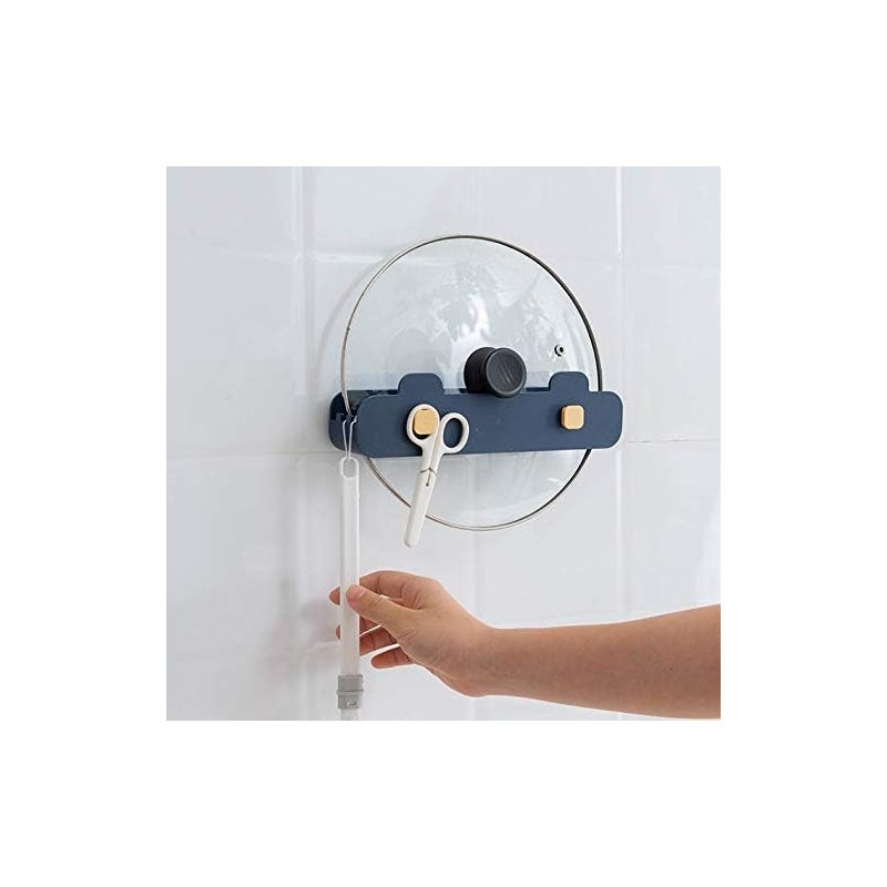 niebieski organizer kuchenny, plastikowy uchwyt na pokrywki garnków, uchwyt na łyżki, półka do gotowania, akcesoria kuchenne