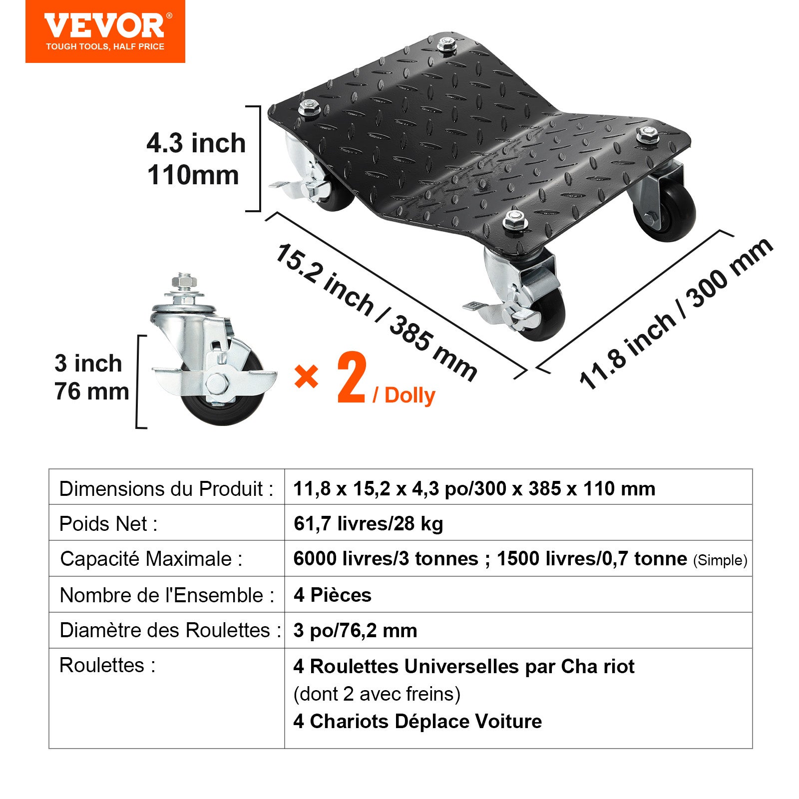 Lot de SucceBuy 4 chariots de réparation de roues et pneus pour voiture,robustes,6000 lb - 8