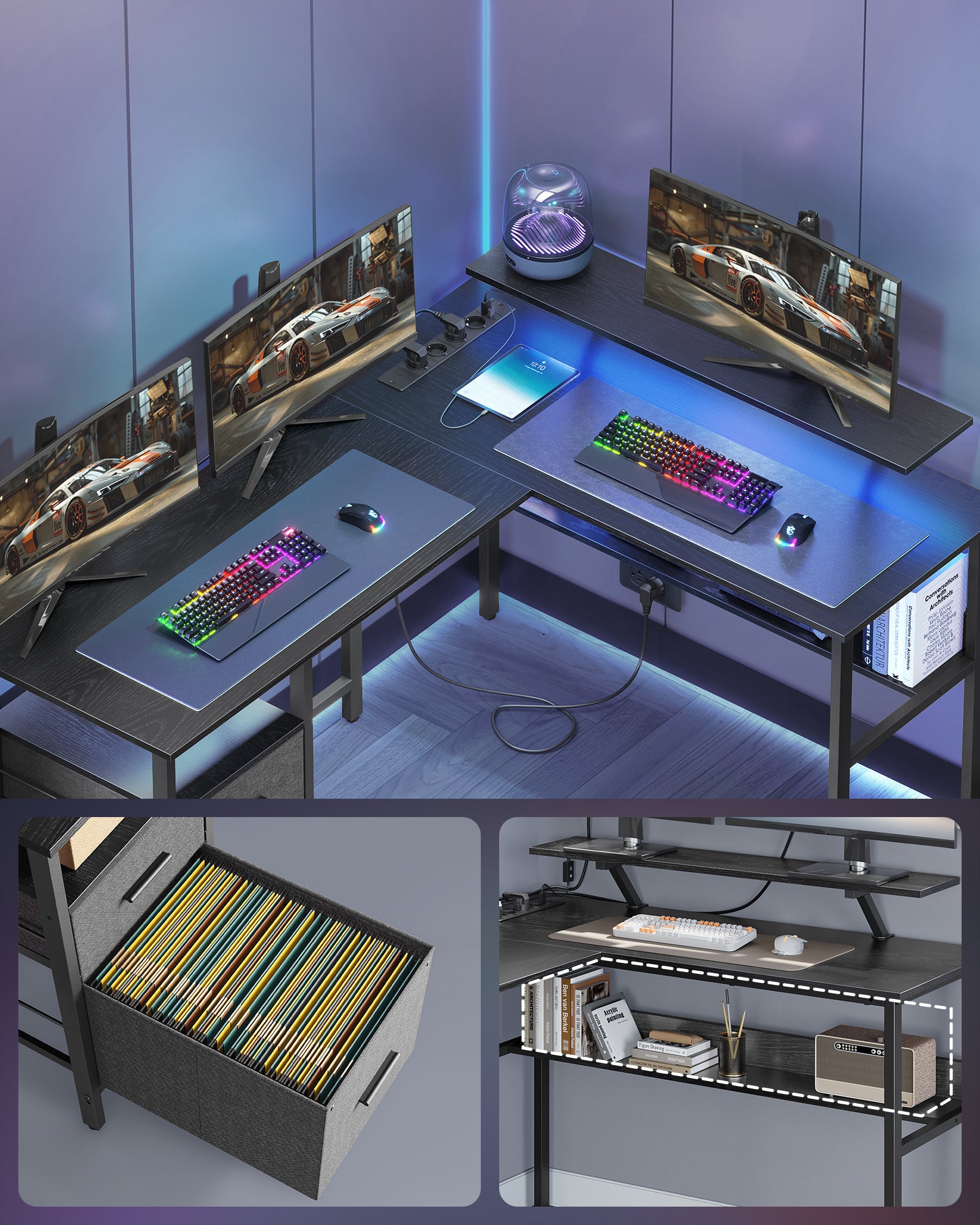 Bureau en L avec Multiprise, Bureau d'Angle, Bureau Informatique avec Rehausseur d’Écran, Bureau Gaming LED, 2 Tiroirs, 2 Ports USB, Noir Boisé - 7