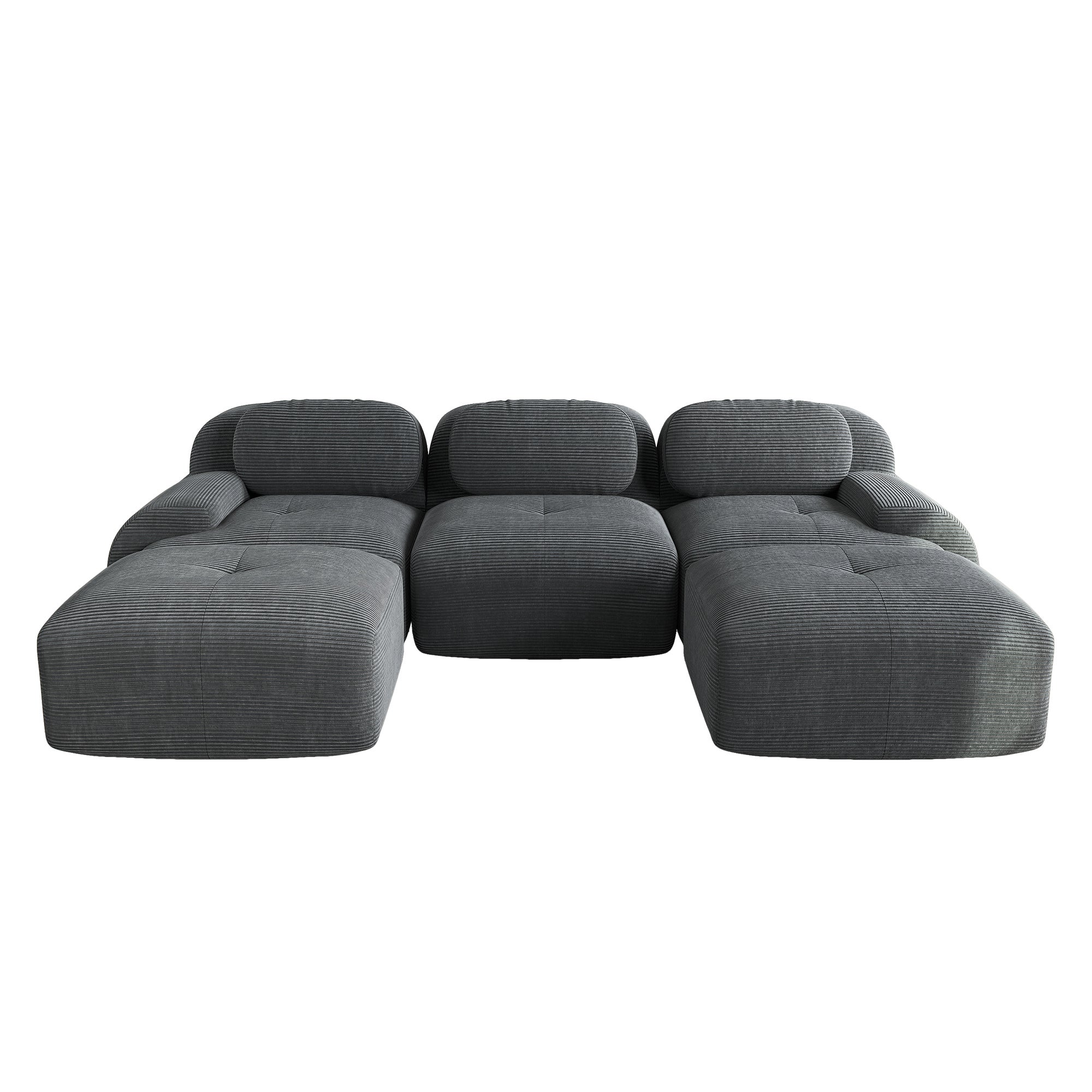 Canapé d\'angle modulable 3 places avec 2 poufs en velours côtelé - Accroupiers extra-larges- Tissu velours côtelé respirant - gris - 6