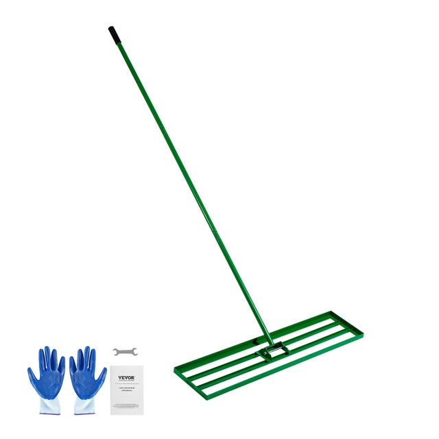 Rastrillo nivelador de césped VEVOR de 121,5 x 25,2 cm con mango de acero de 198 cm para jardines, campos de golf, granjas, arena, compost y musgo.