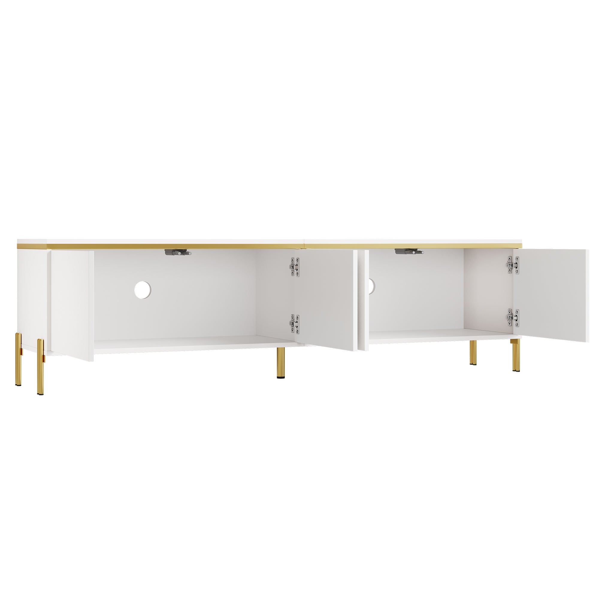 Meuble TV blanc brillant 170 cm, 4 portes, pieds métal doré, design ...