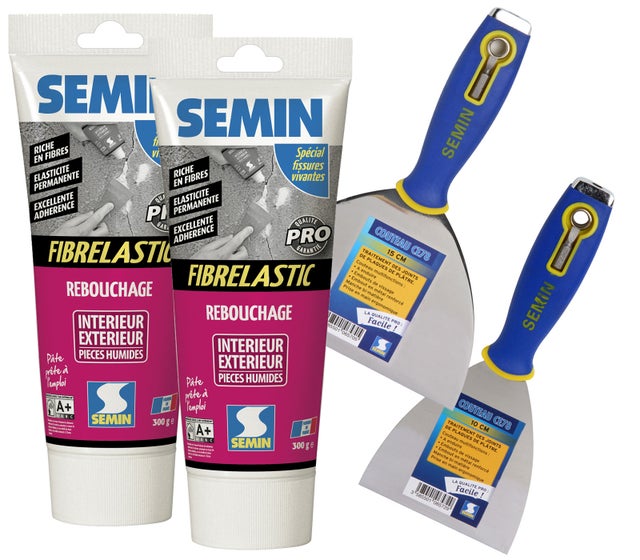 Enduit de Rebouchage Élastique Fibrelastic à Base de Fibre de Verre pour Fissures Vivantes, tube de 300 g (lot de 2) et 2 couteaux à enduire