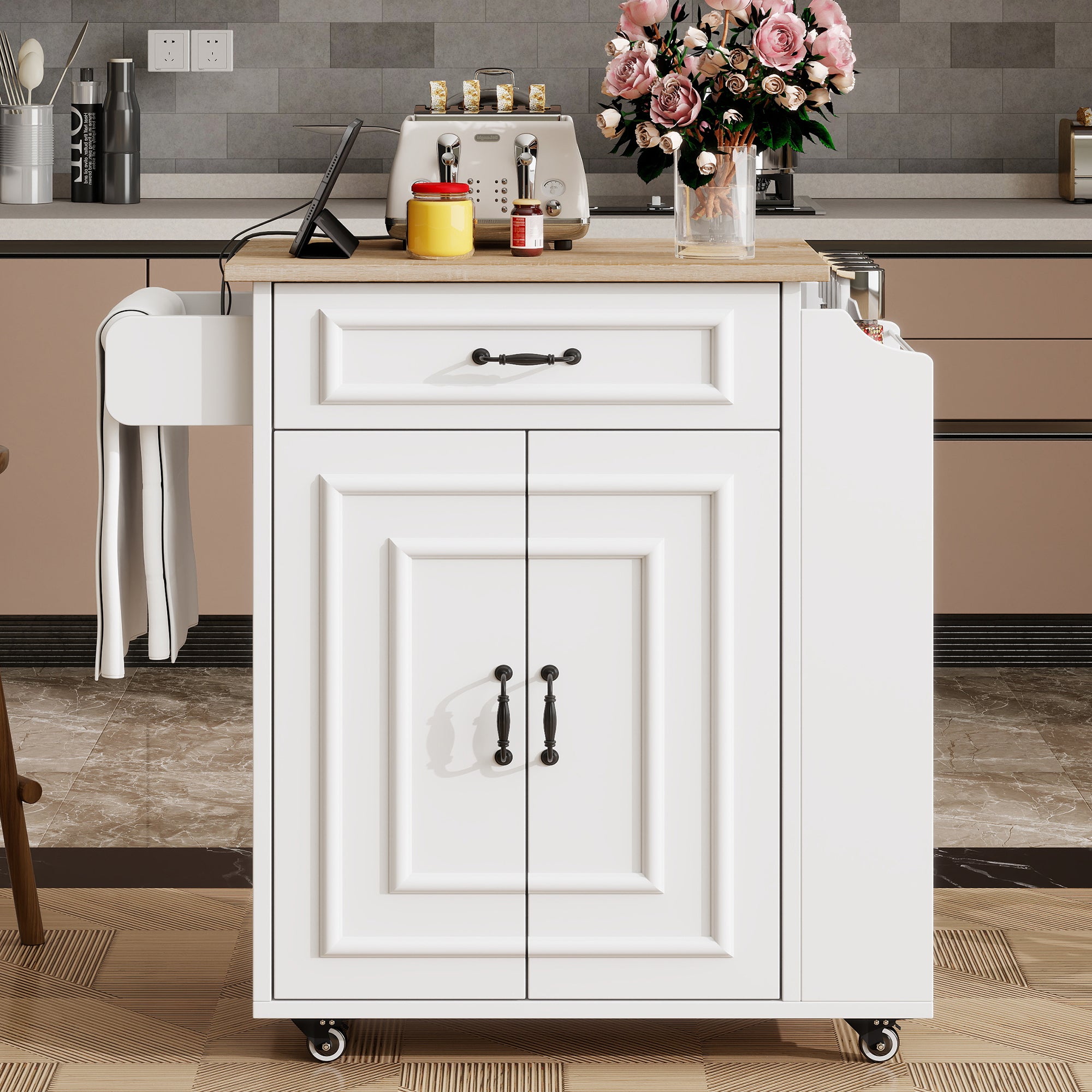 Isla de cocina con ruedas, encimera abatible, cajón, armario de 2 puertas y balda regulable, mdf, blanco