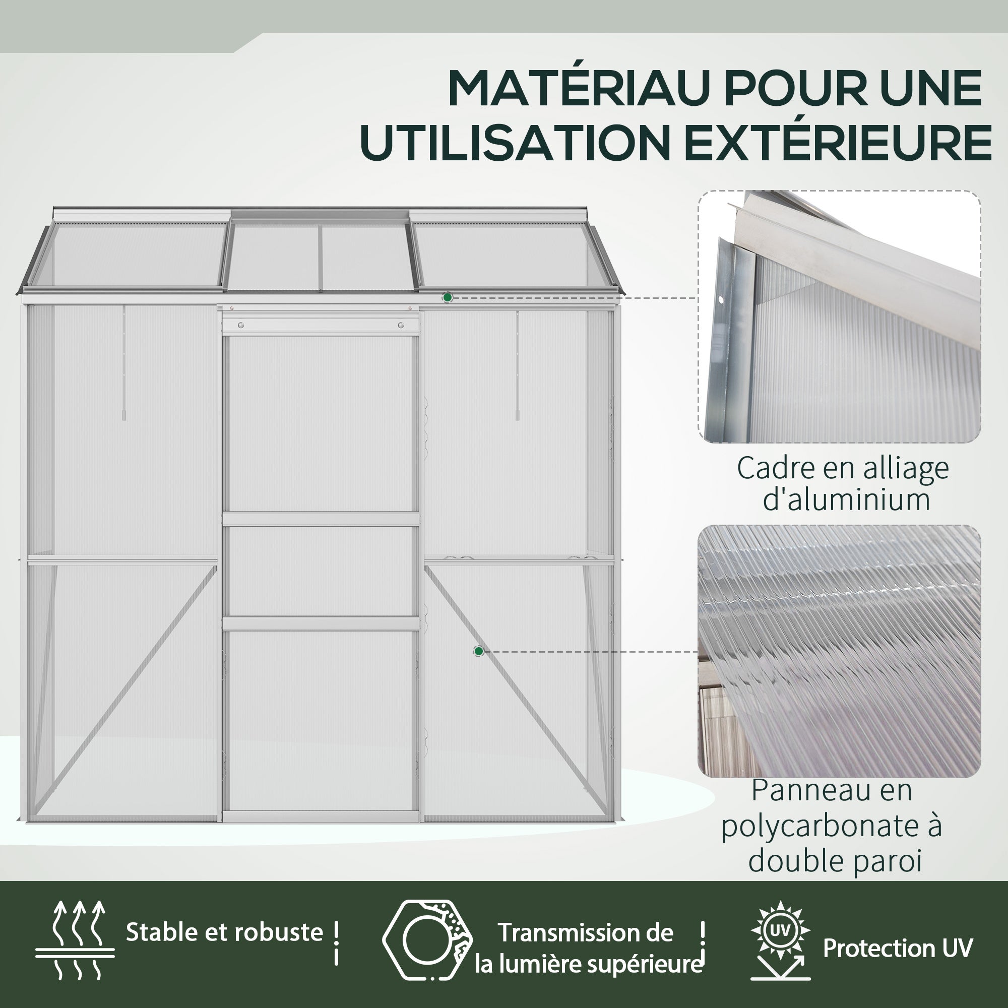 Serre adossée serre de jardin fenêtres ouvrables à 5 niveaux panneau en PC cadre aluminium 1,9 x 0,7 x 2 m transparent - 9