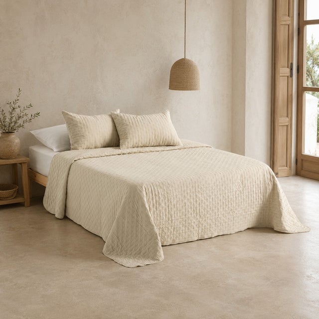 Colcha acolchada lisa cama 180 incluye fundas de almohada 270x270 + 2(50x70) cm beige