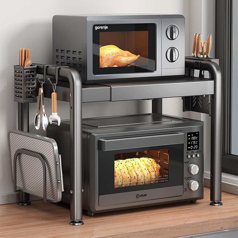 Étagère de cuisine multifonctionnelle extensible Gris Gunmetal en acier au carbone avec 6 crochets gratuits – rangement pour micro-ondes et ustensiles - 3