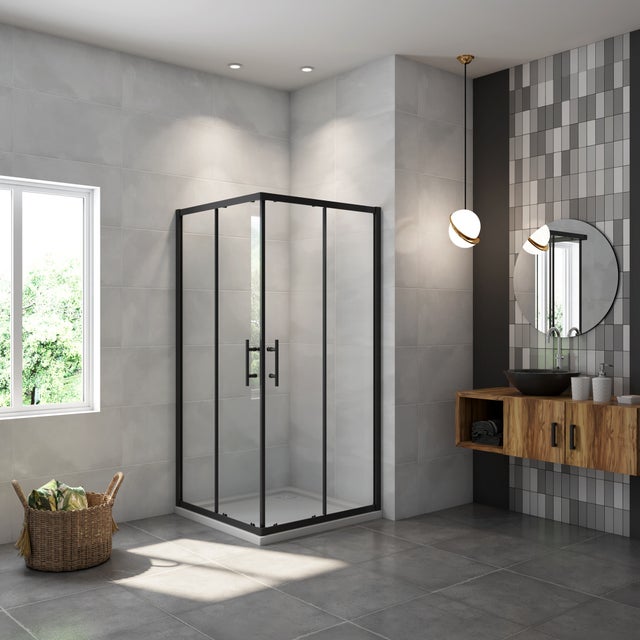 AICA Mampara de Ducha Cuadrada Corredera Perfil Negro mate Vidrio Antical 6mm (880-900)x(880-900)x1900mm