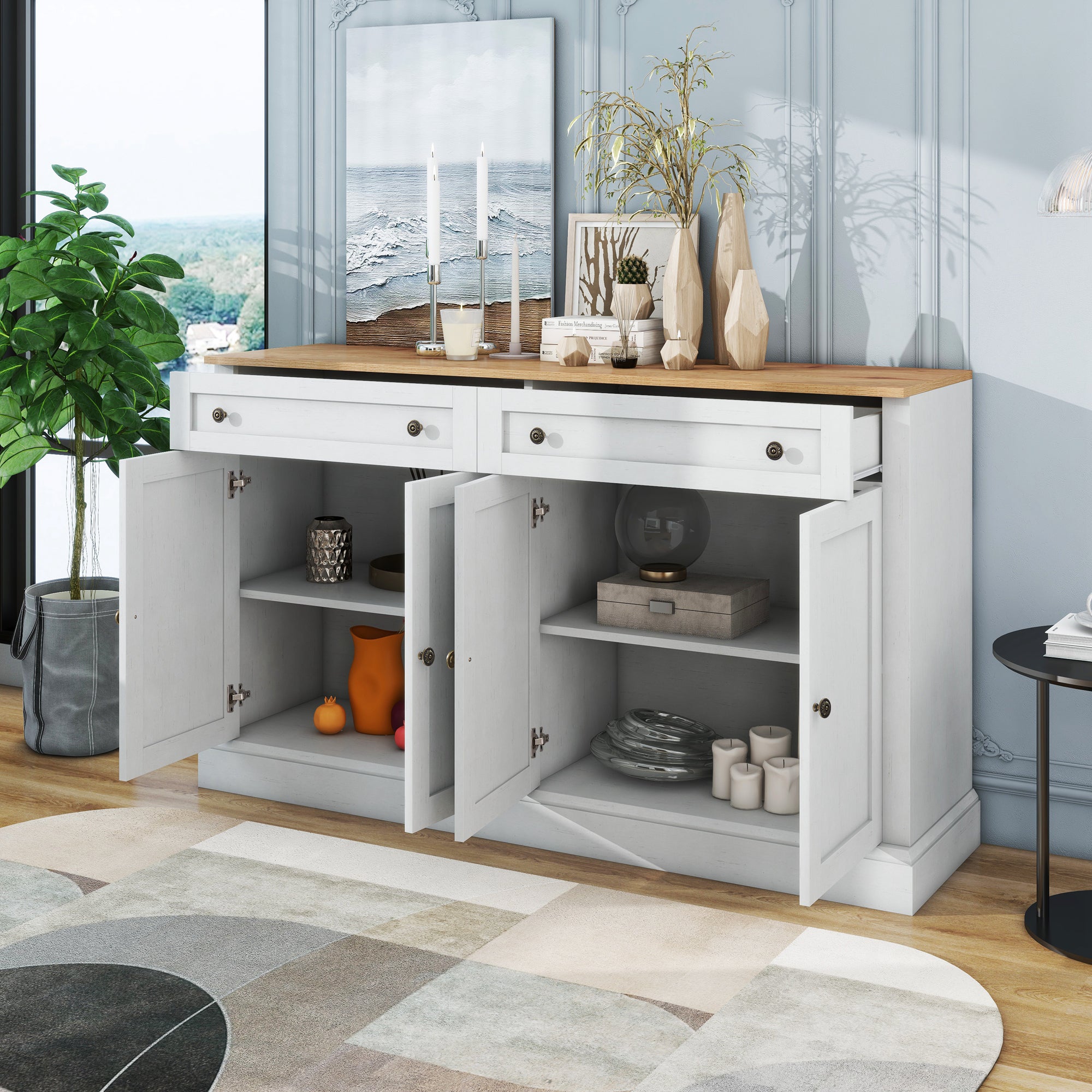 Aparador grande moderno con 4 puertas y 2 cajones 150x86x40 cm madera color blanco antiguo y natural para comedor salon
