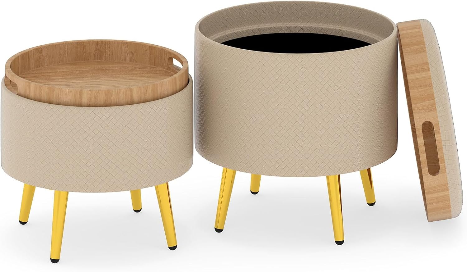 Set de 2 taburete rotunde joase (23L + 6L), pufuri cu depozitare, capace reversibile și spațiu de depozitare, tapițate cu piele ecologică