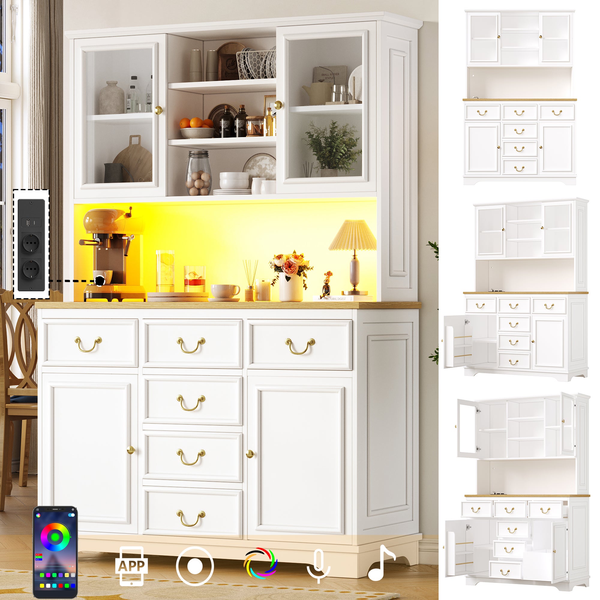 Wysoka komoda kuchenna z 4 drzwiami, 5 szufladami, portami USB i gniazdkami elektrycznymi - 118 x 40 x 180 cm - MDF + szkło - diody LED - biała
