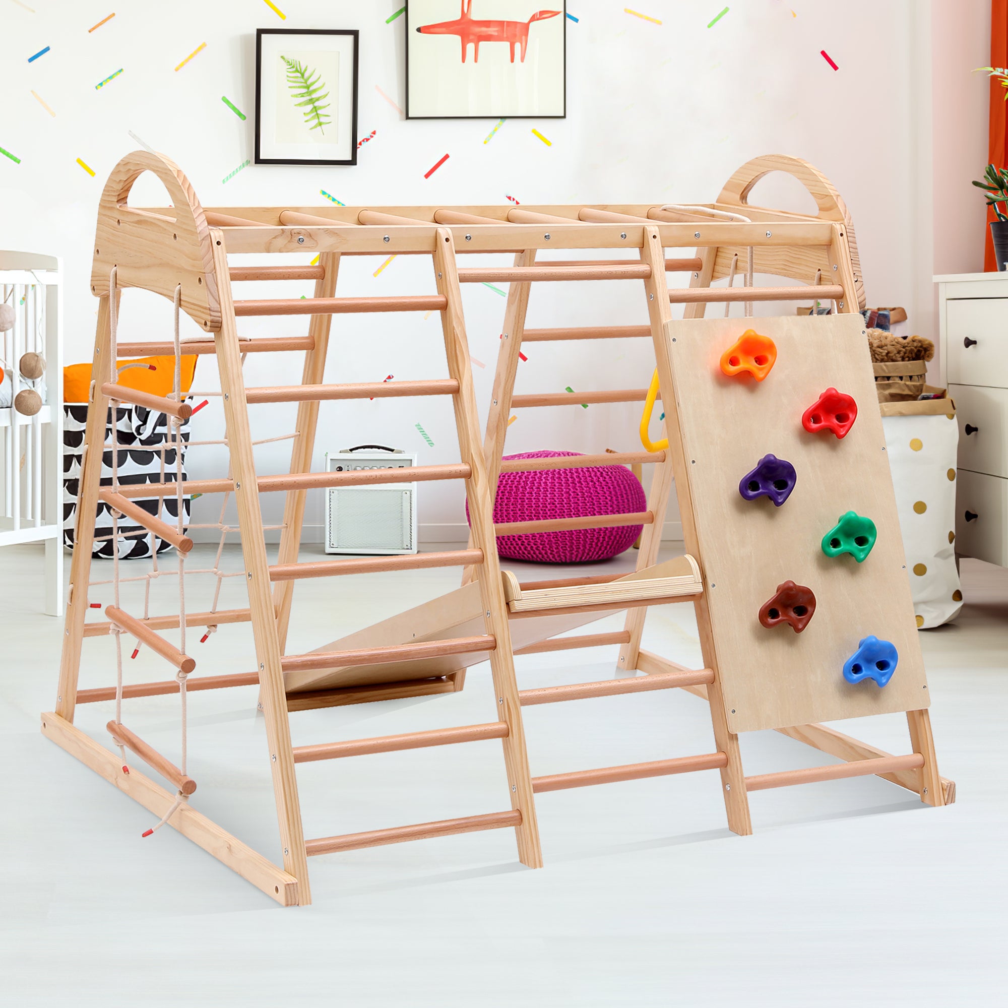 Playground 7 em 1 com balanço, escada, escorregador, rede de escalada, pedra de escalada - 134 x 120 x 120 cm - Pinho e compensado - Natural - 4