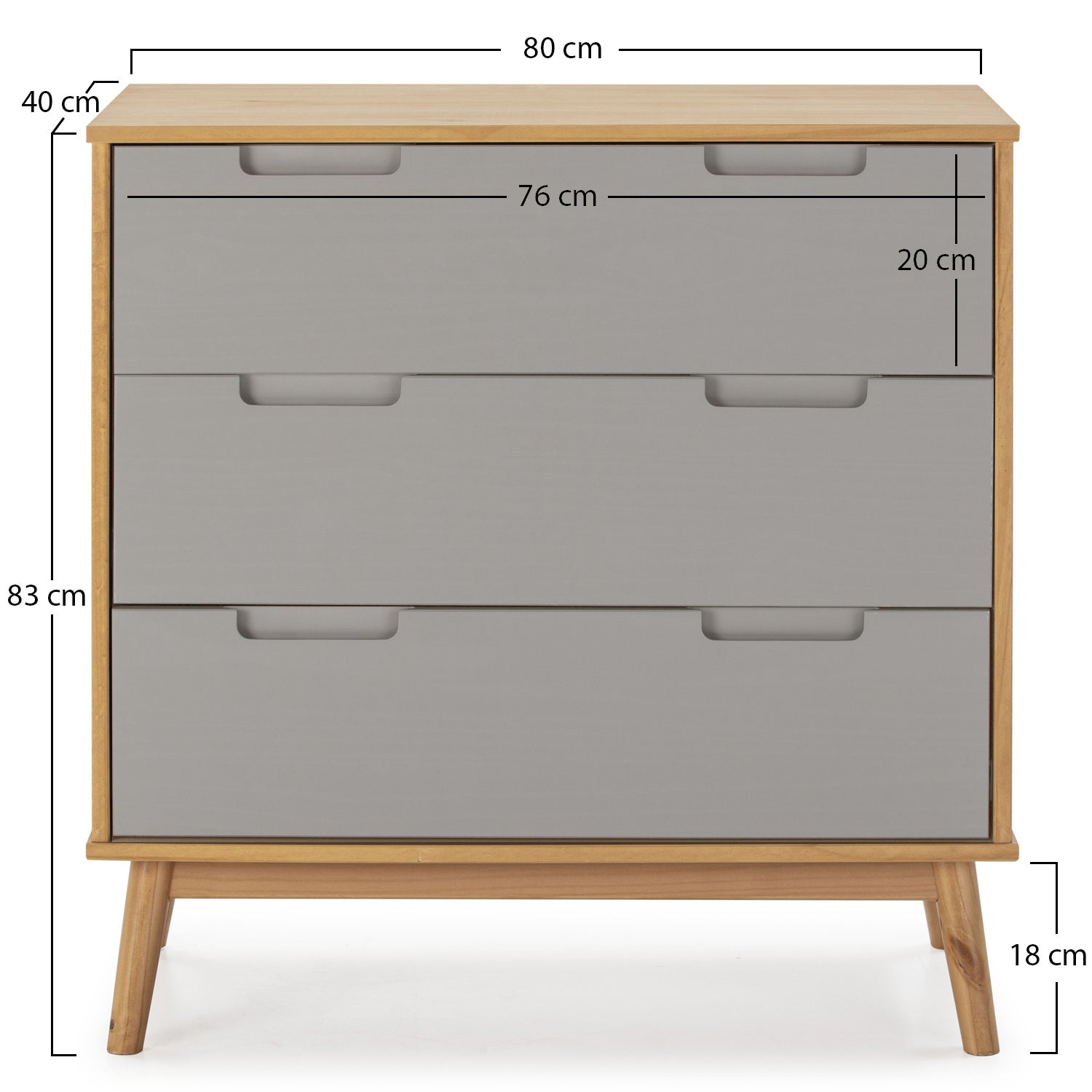 Commode de nuit Bruce avec 3 tiroirs, bois massif, 80 cm Largeur - 3