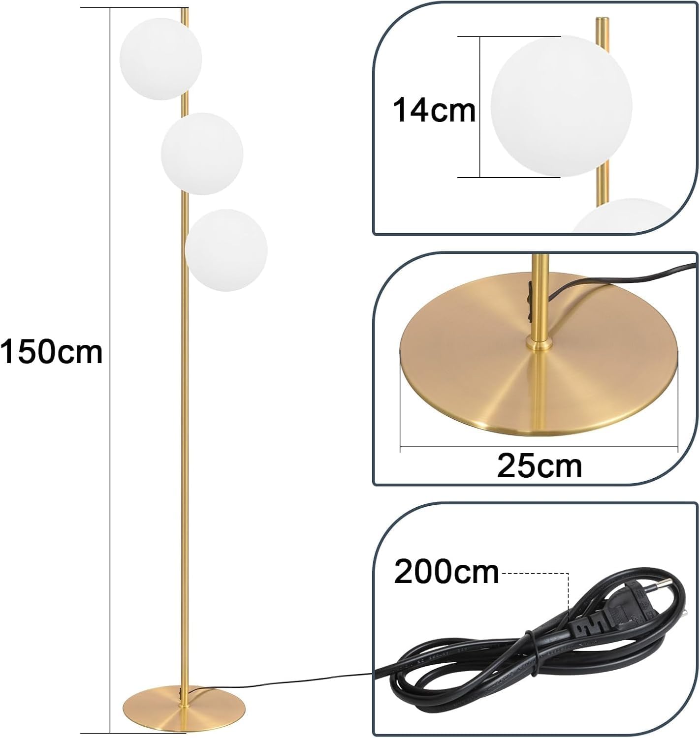 NETTLIFE Lampadaire Moderne - Lampadaire Salon E27 Or Design Lampe à 3 Flammes avec Interrupteur à Pied Métal Blanc Verre Industriel Lampe de Sol - 4