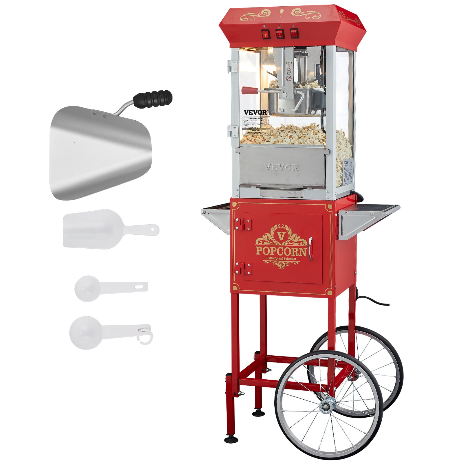Maszyna do Popcornu VEVOR z Wózkiem 850 W, Garnek 227 g / 48 Filiżanek, Szkło Hartowane, 4 Łyżki, Styl Kino, Czerwona