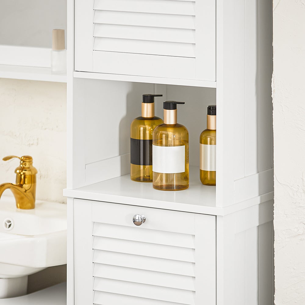 SoBuy Columna de Baño, Armario Alto con 1 Puerta de Persianas, 1 Cajón y 1 Cesto para Ropa Extraíble, Blanco, BZR124-W - 5
