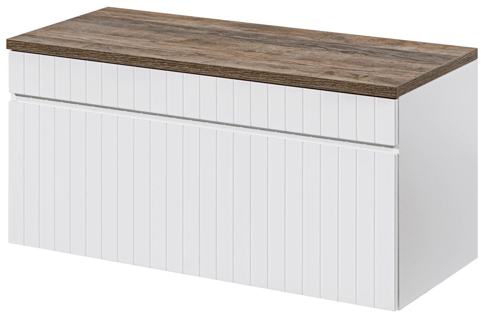 Szafka łazienkowa ICONIC WHITE 100 cm biała z blatem dąb frezowany front