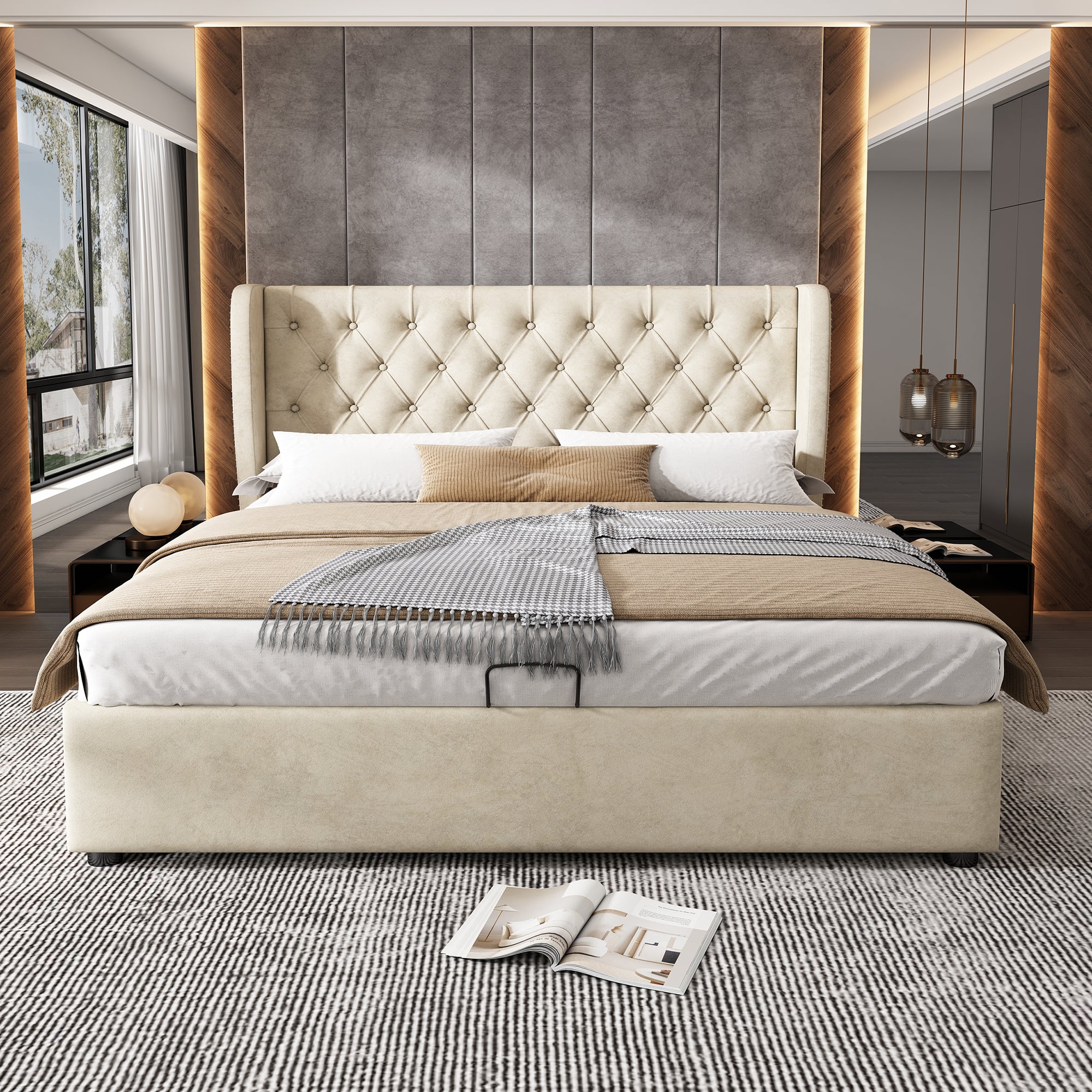 Lit coffre lit double 140x190 cm, fonction hydraulique, velours, beige, sans matelas - 6