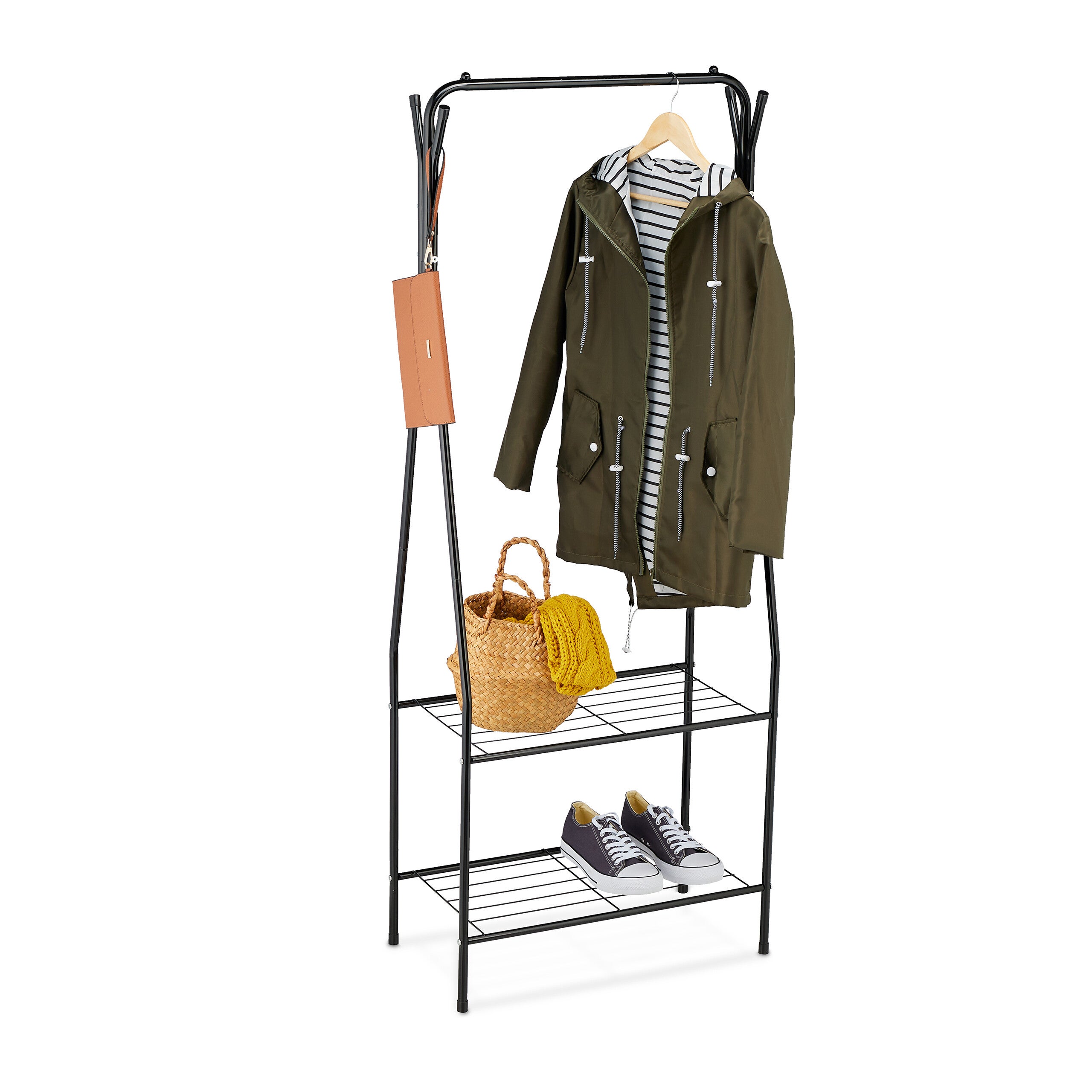 Relaxdays Portant à Vêtements, Métal Et Tissu, 2 Tringles, Avec étagère