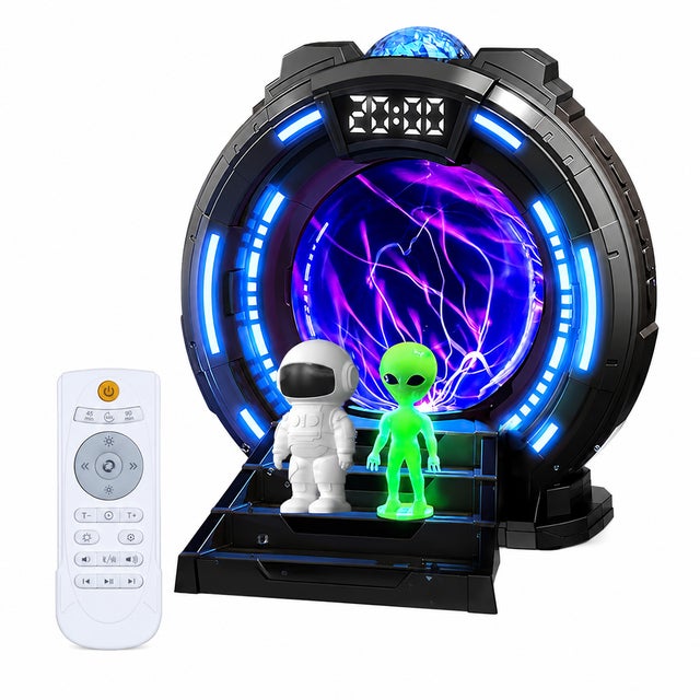 Projetor Galáxia KLACK® Portal Interestelar com Globo de Plasma, Aurora Boreal, Ruído Branco, Altifalante, Despertador e Comando