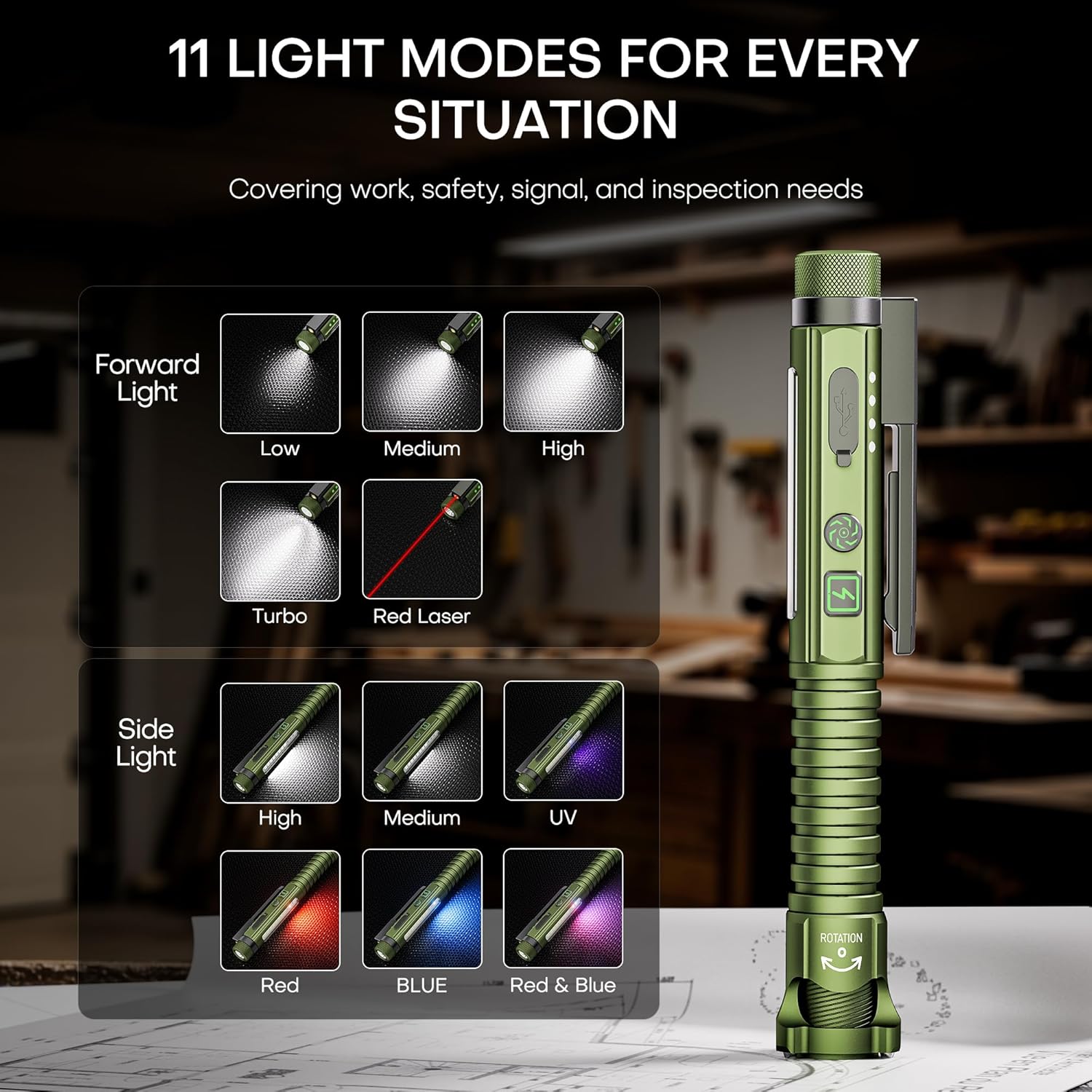 Torcia EDC Ricaricabile, Torcia Tascabile da 800 Lumen con Fascio Rosso, Combo LED U V e Bianco, Clip e Base Magnetici, Torcia a Penna con 11 Modalità | Leroy Merlin