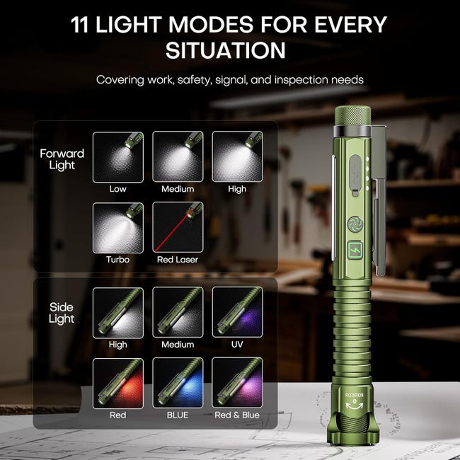 Torcia EDC Ricaricabile, Torcia Tascabile da 800 Lumen con Fascio Rosso, Combo LED U V e Bianco, Clip e Base Magnetici, Torcia a Penna con 11 Modalità | Leroy Merlin Torcia EDC Ricaricabile, Torcia Tascabile da 800 Lumen con Fascio Rosso, Combo LED U V e Bianco, Clip e Base Magnetici, Torcia a Penna con 11 Modalità | Leroy Merlin